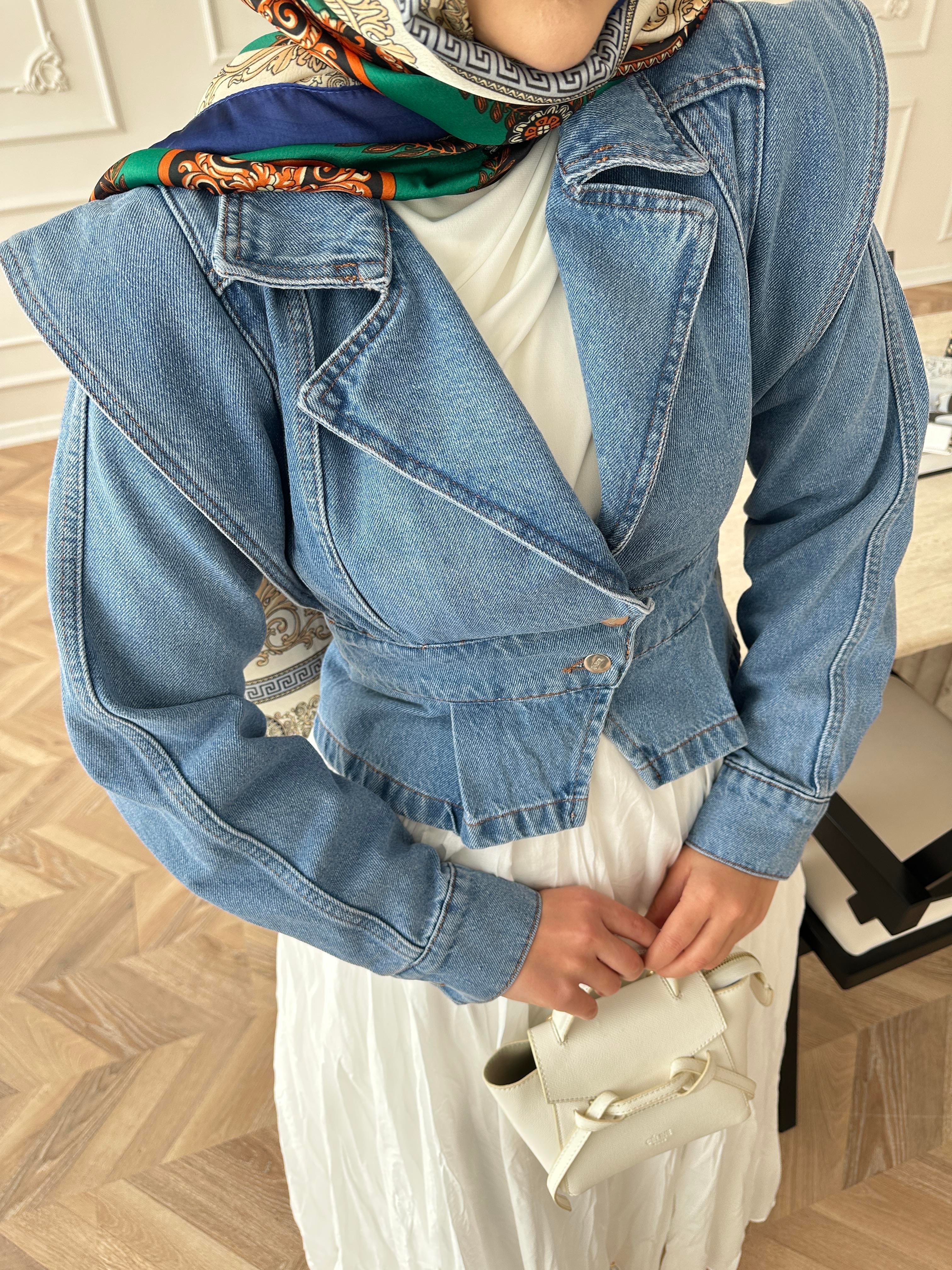 Çapraz Detaylı Kot Ceket Buz Mavi