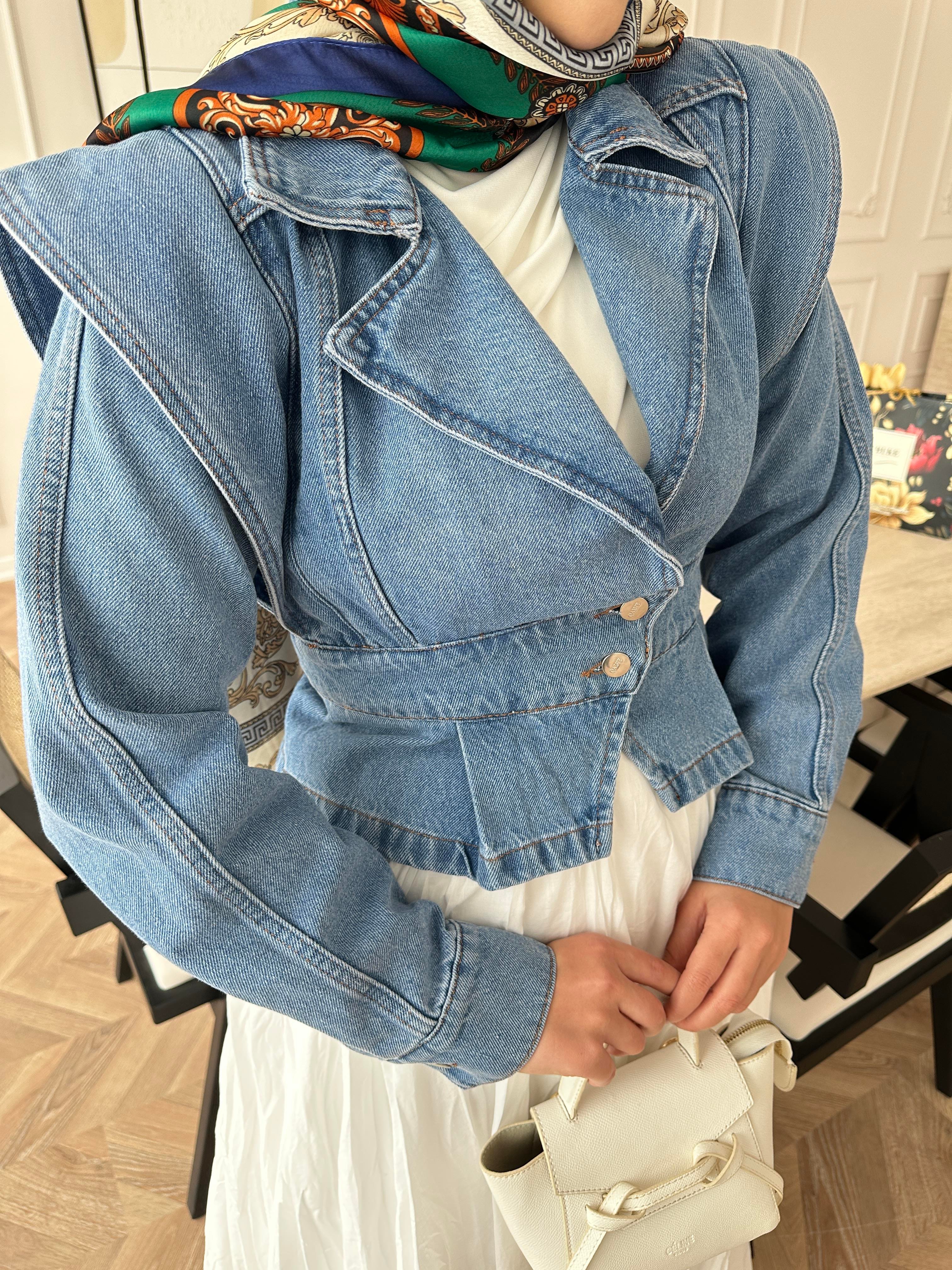 Çapraz Detaylı Kot Ceket Buz Mavi