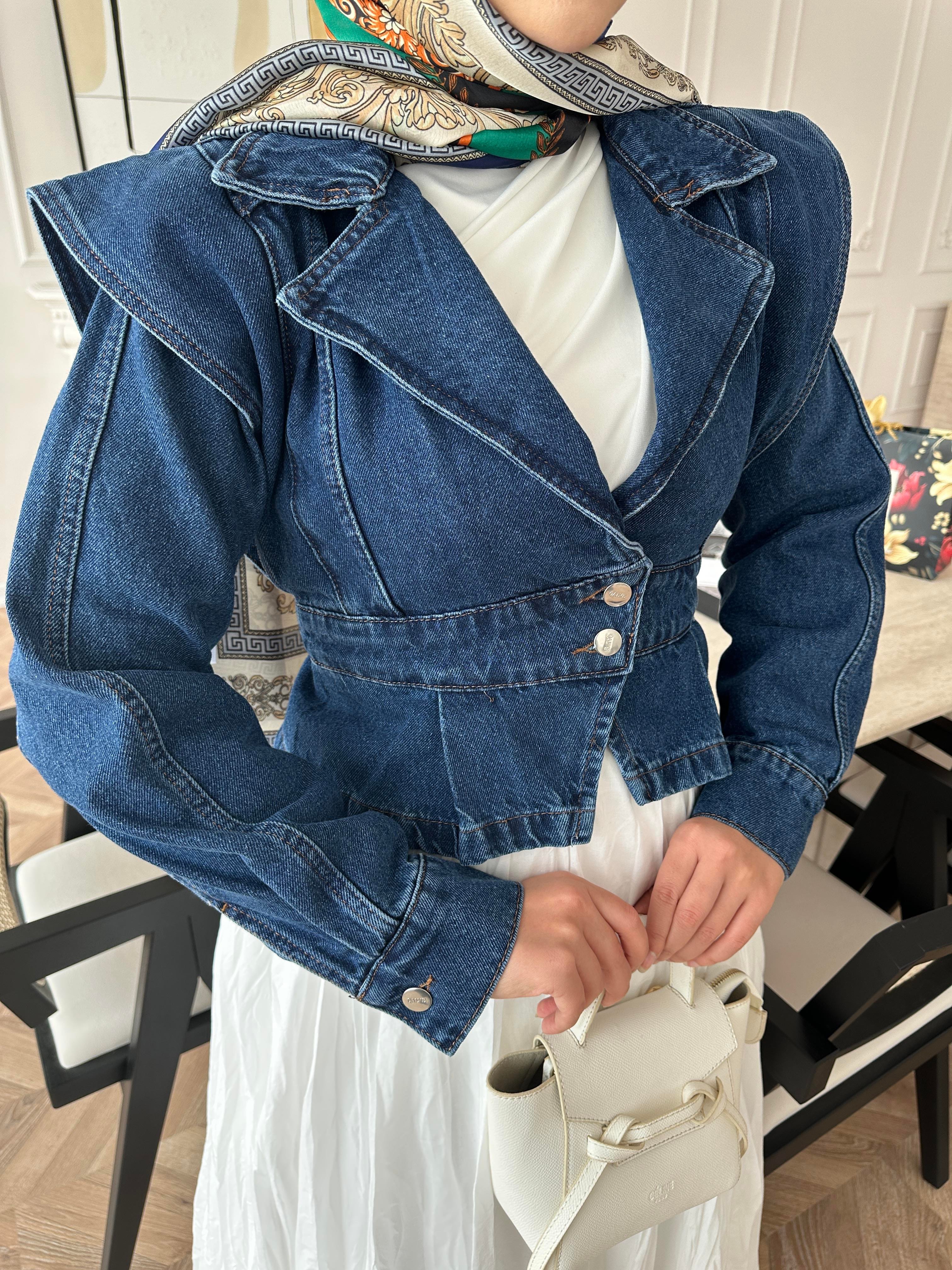 Çapraz Detaylı Kot Ceket Kot Mavi