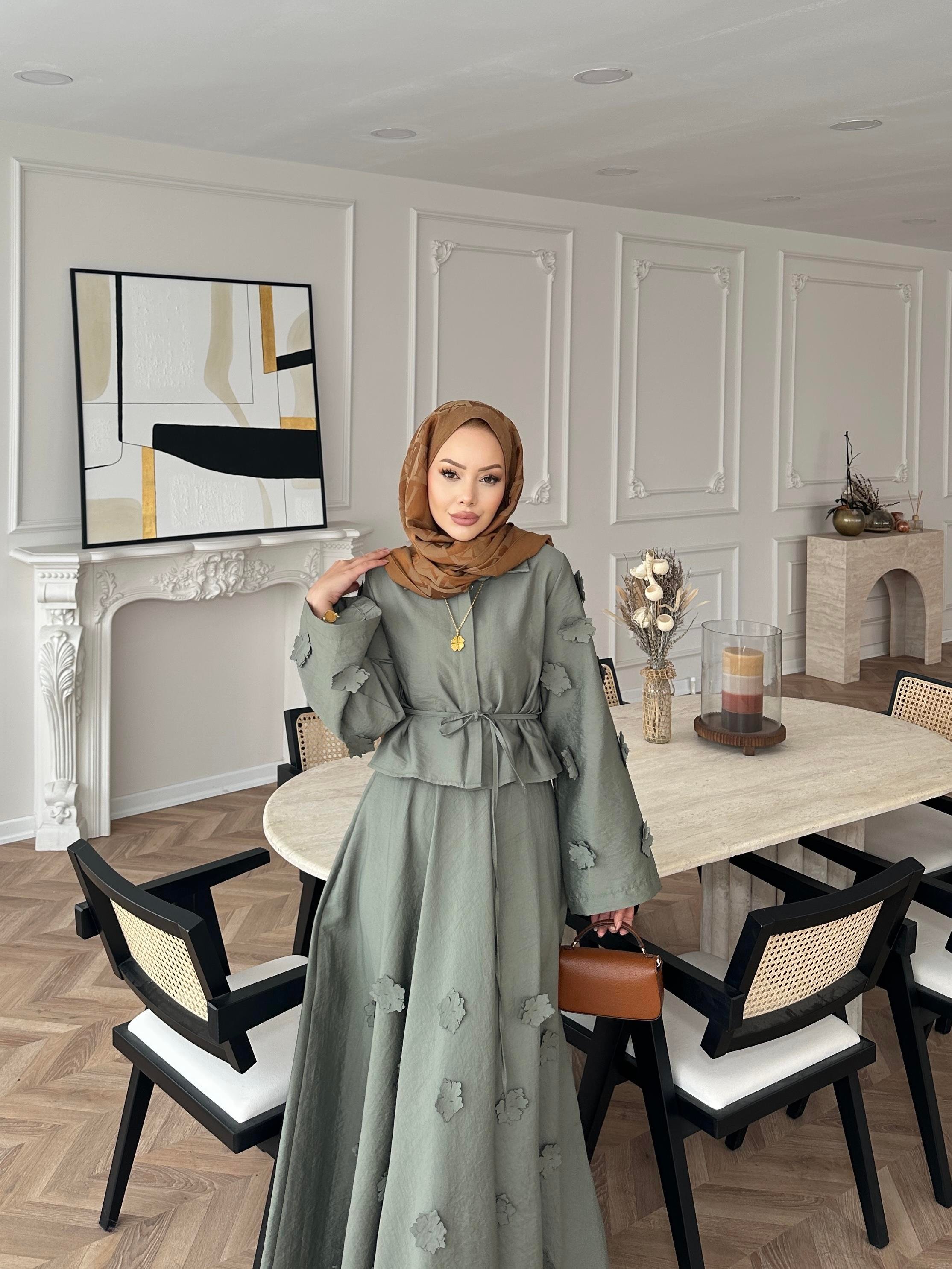 Çiçek Cupra Etekli Takım Haki