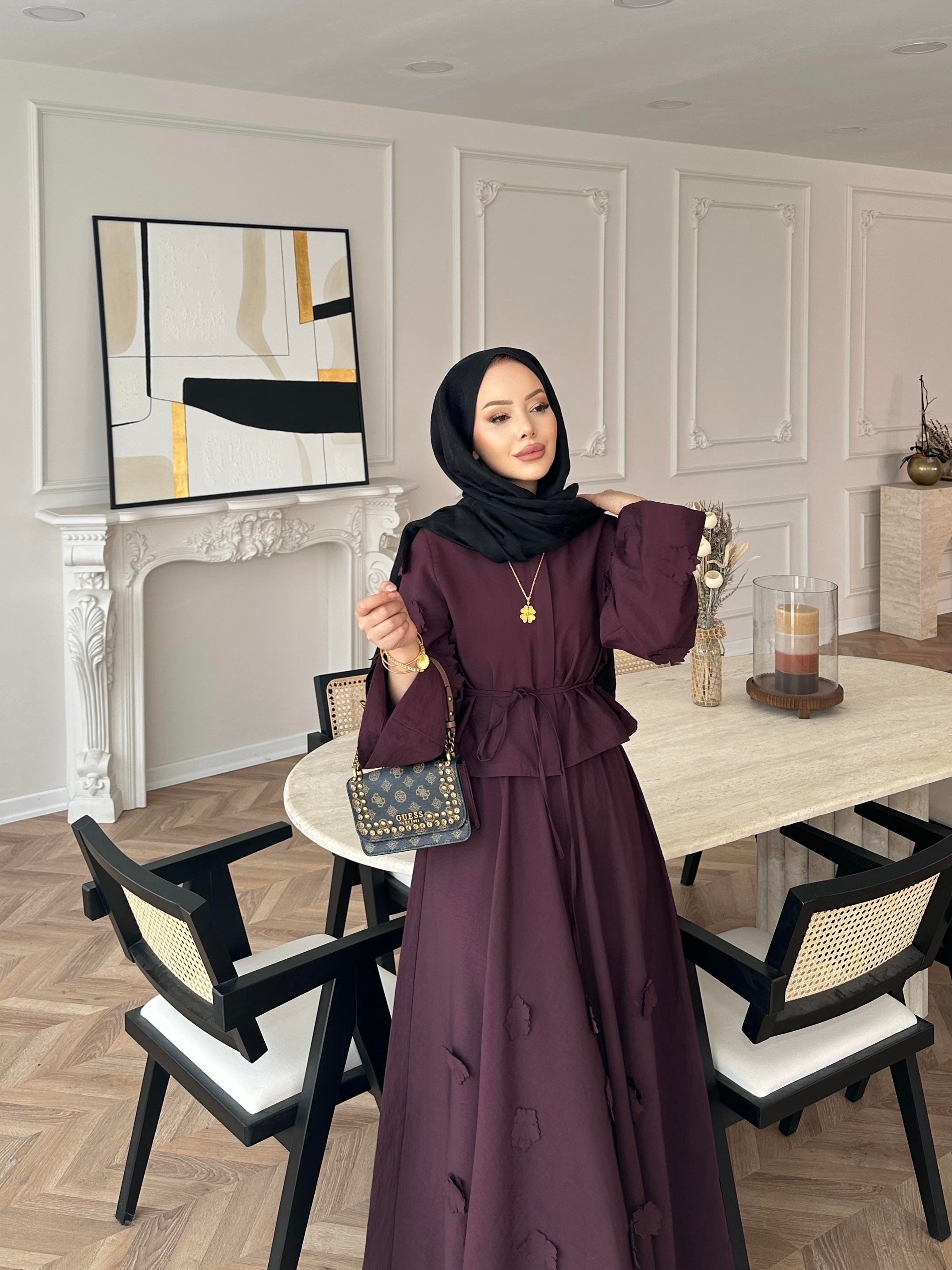 Çiçek Cupra Etekli Takım Mürdüm