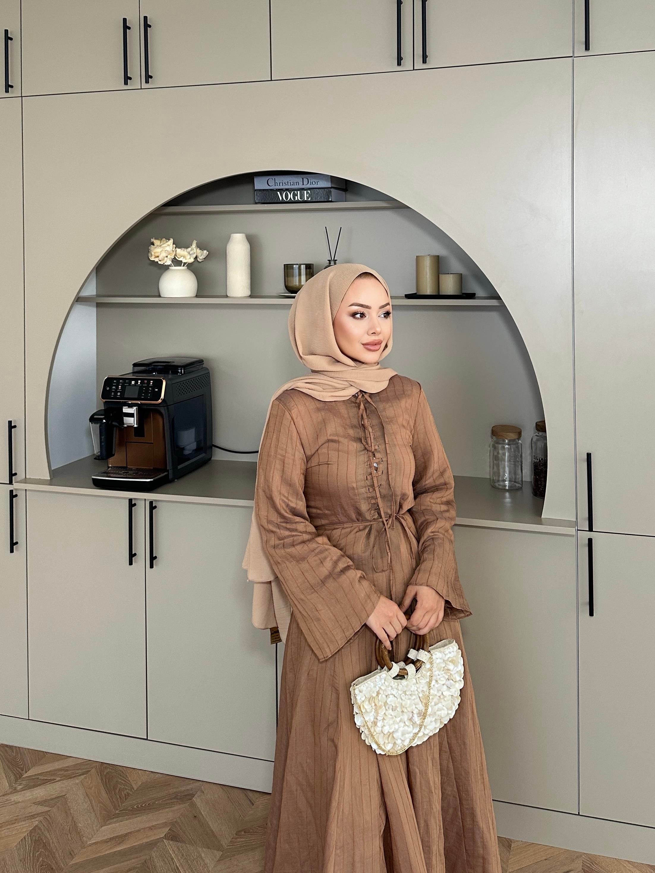 Cross Çizgili Elbise Kahve