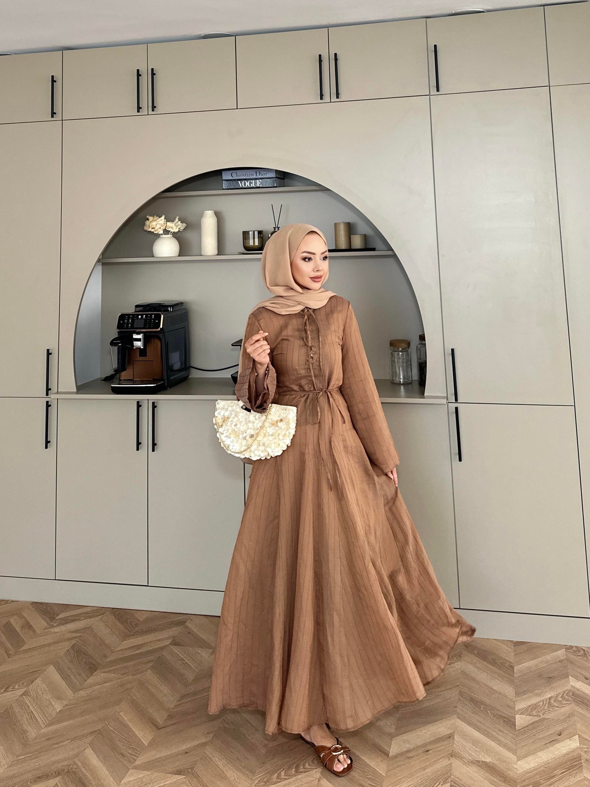 Cross Çizgili Elbise Kahve