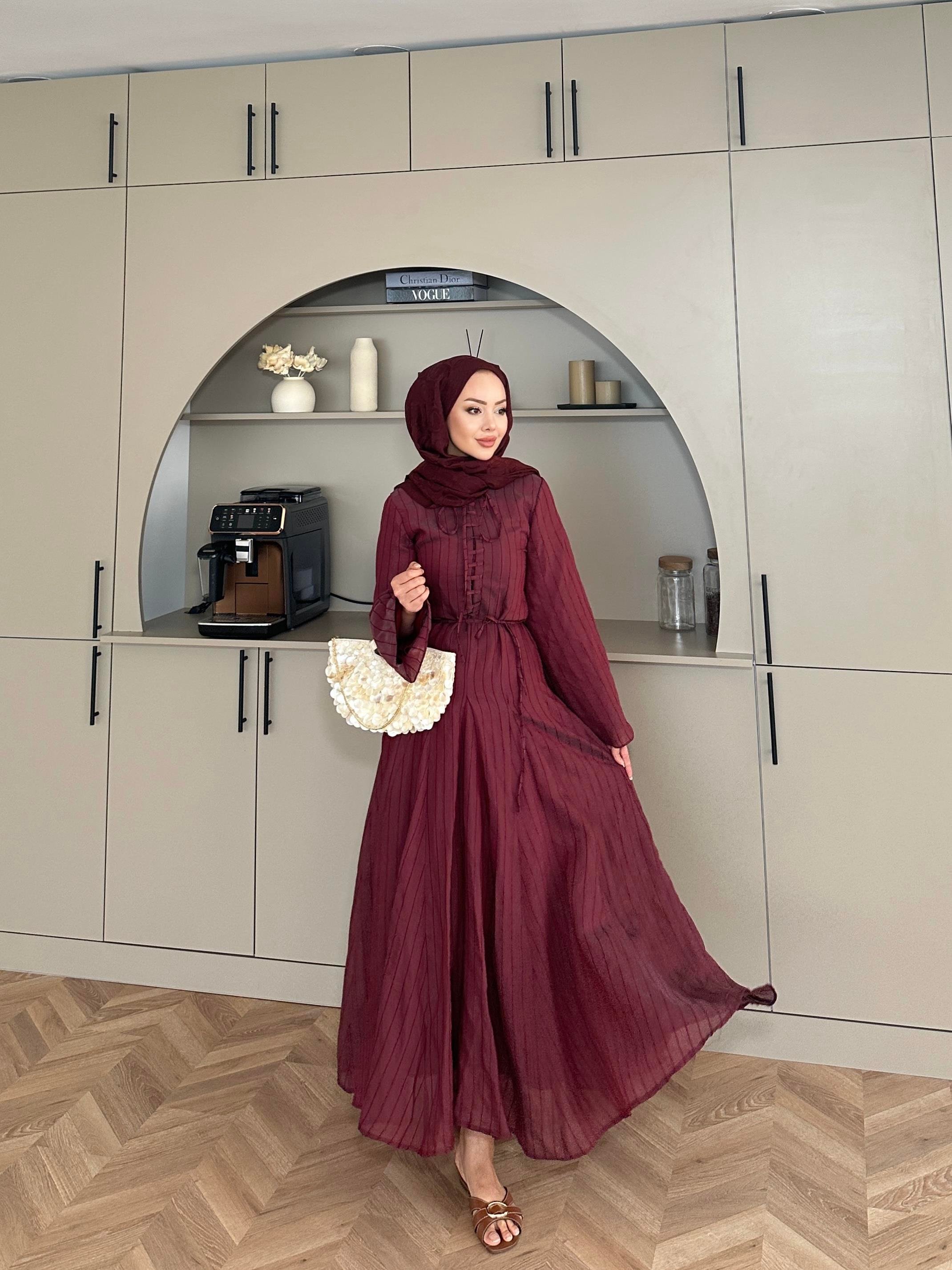 Cross Çizgili Elbise Mürdüm