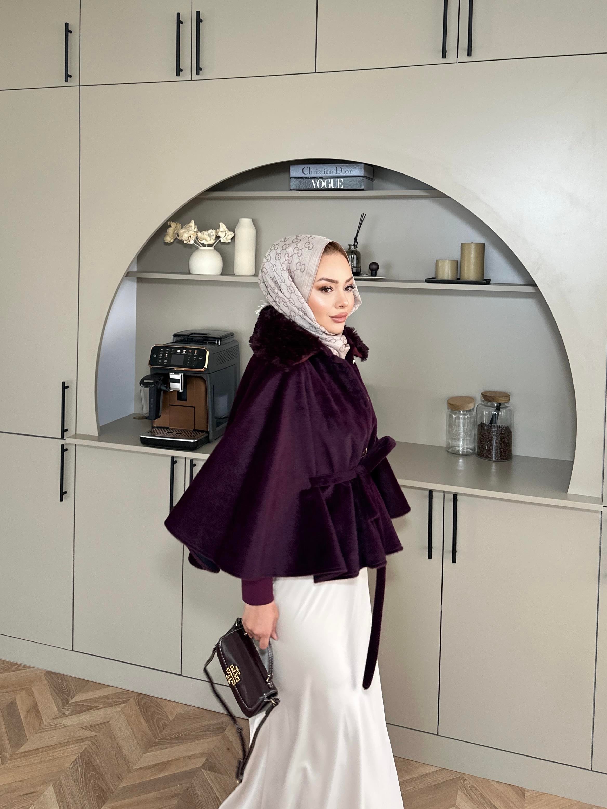 Darby Yakası Kürk Detaylı Angora Panço Mürdüm