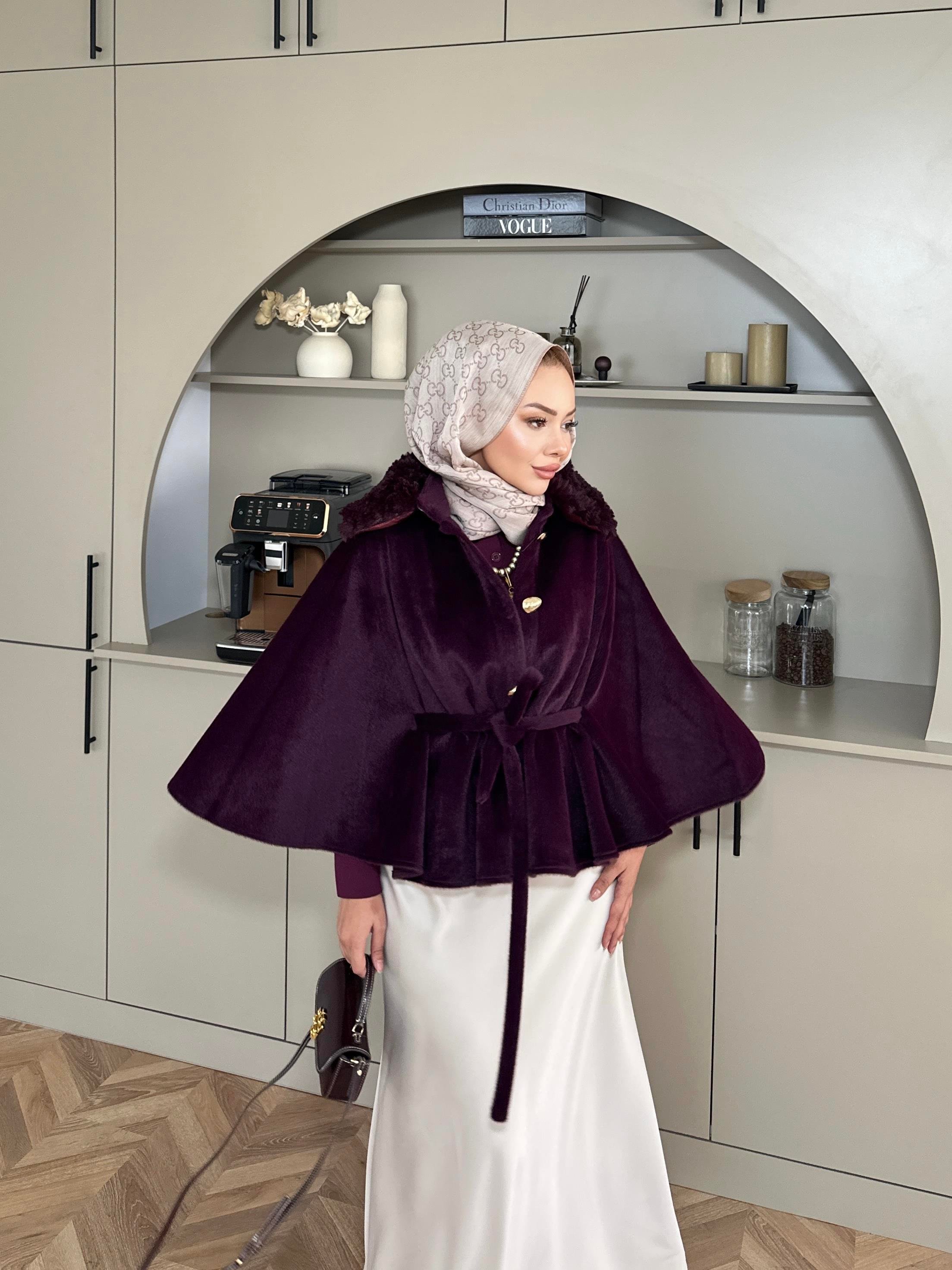 Darby Yakası Kürk Detaylı Angora Panço Mürdüm