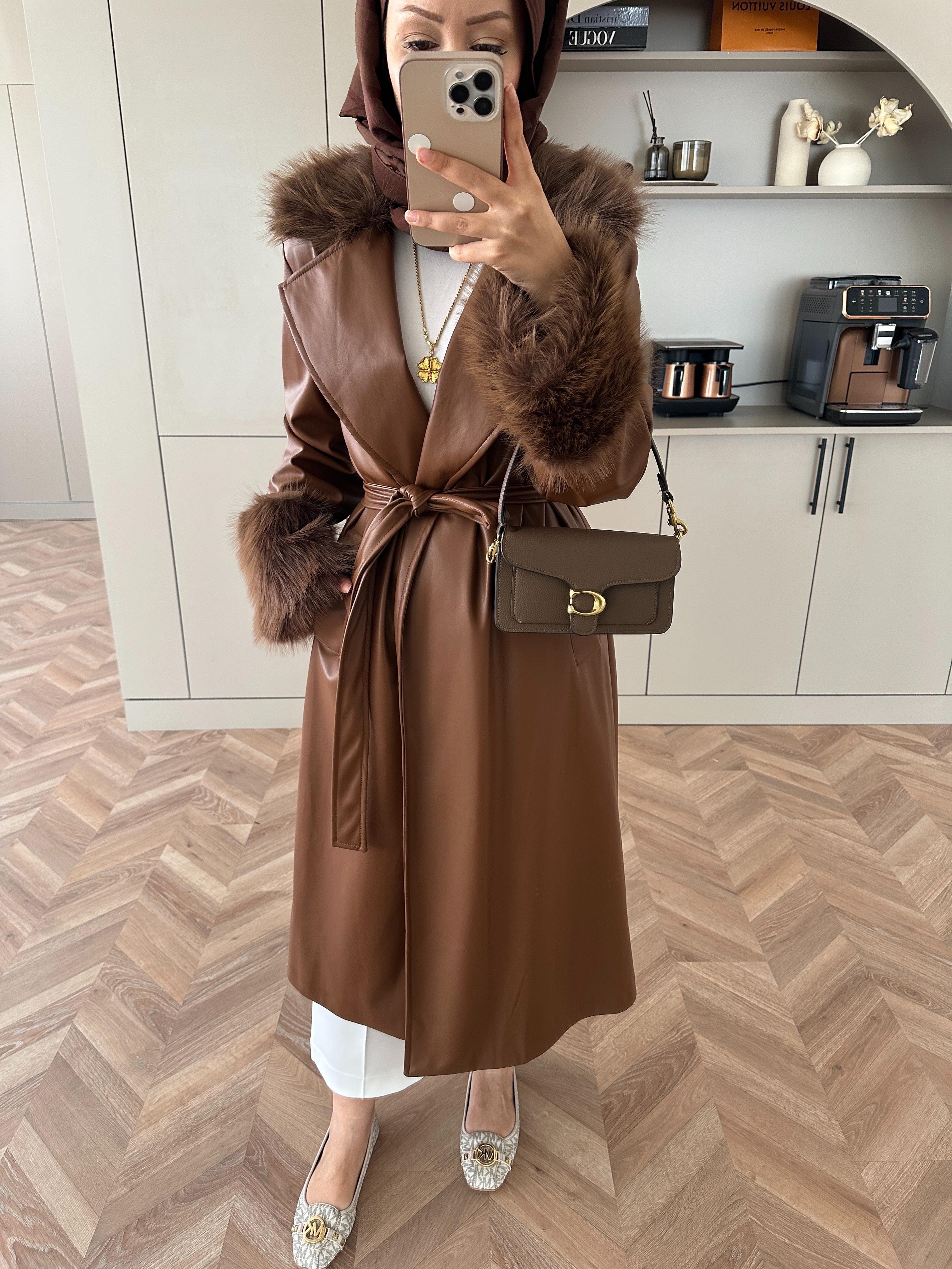 Deri Kürk Detaylı Kaban Kahve