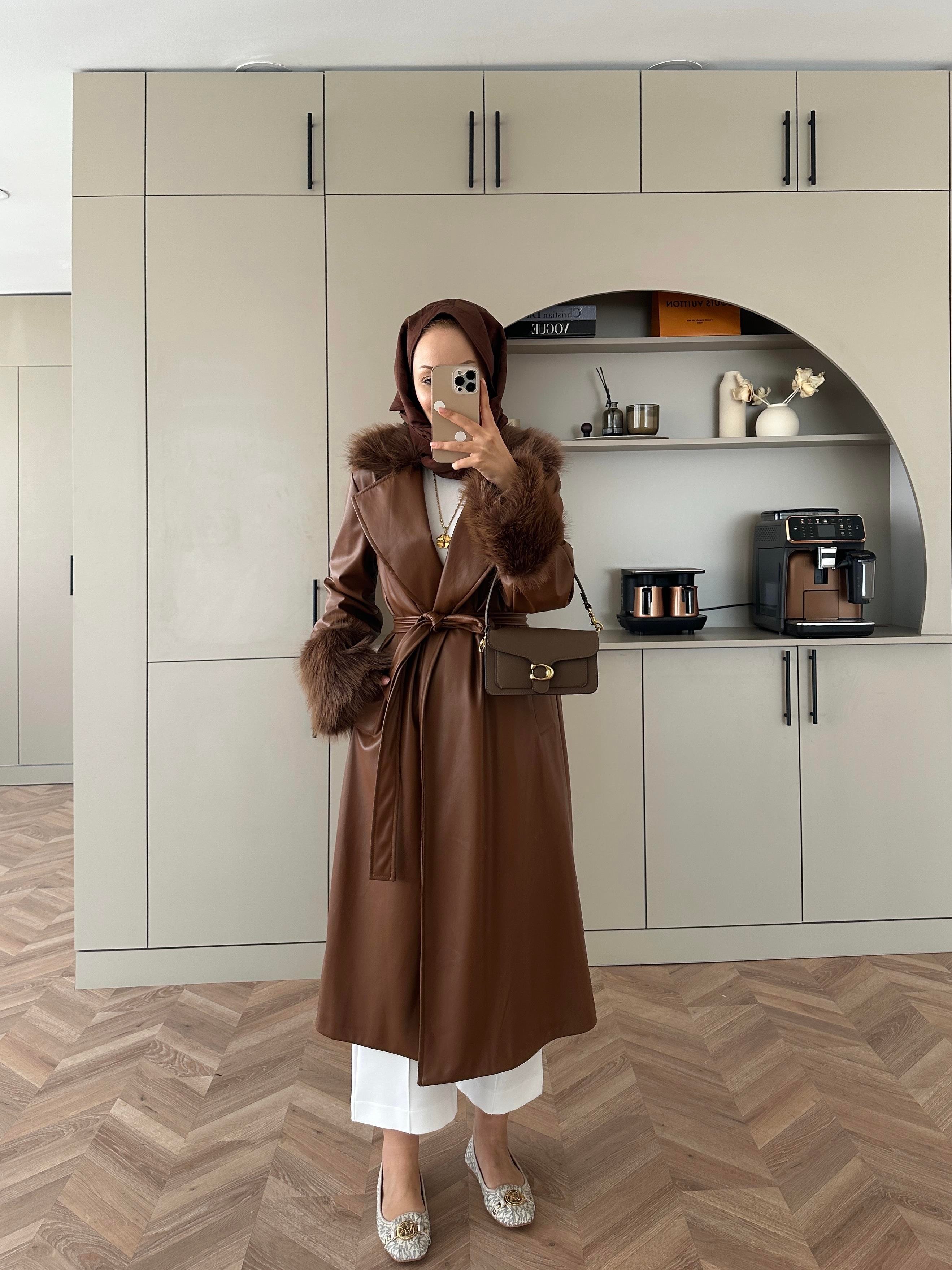 Deri Kürk Detaylı Kaban Kahve