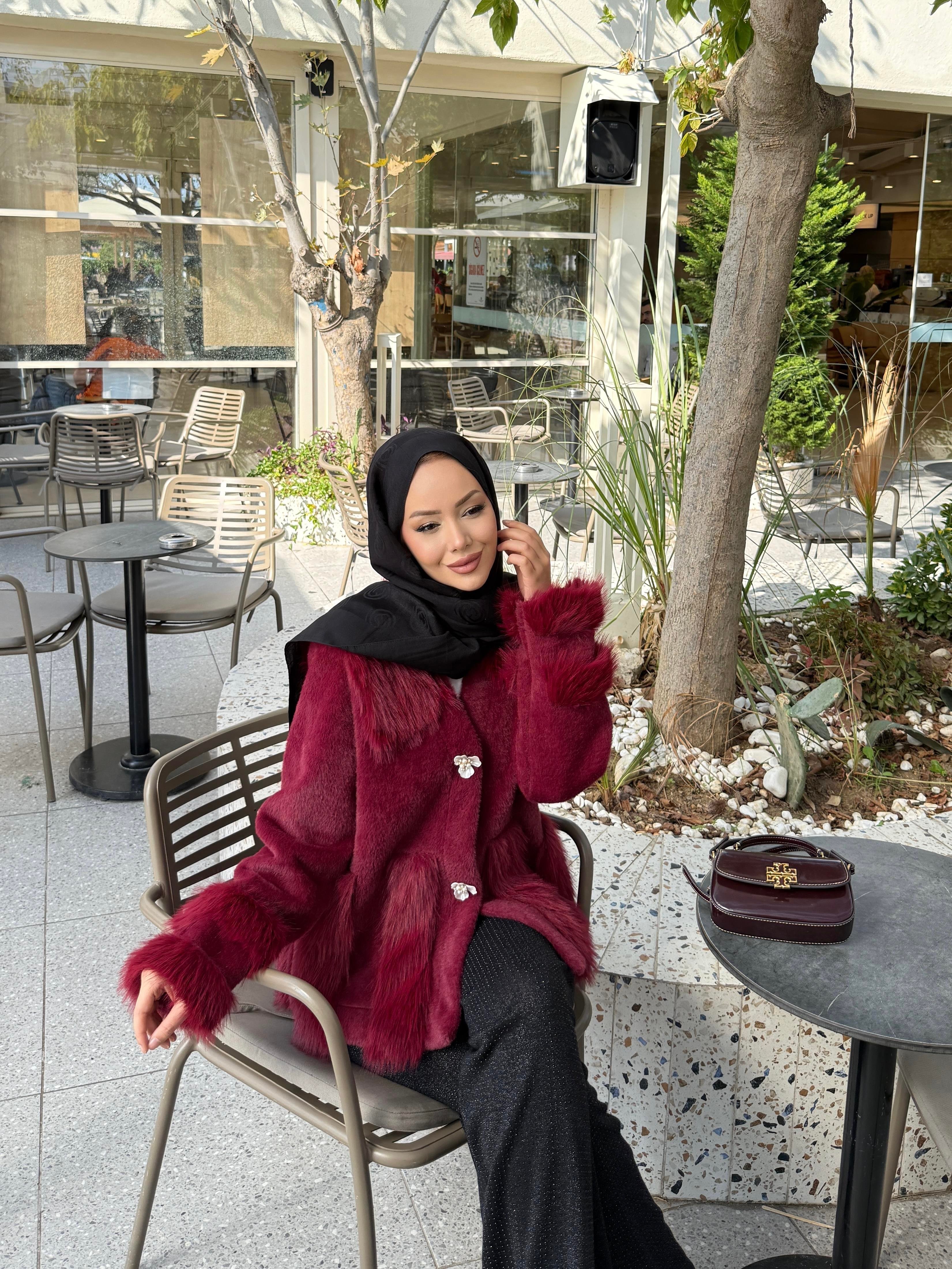 Diva Kürk Detaylı Angora Hırka/Ceket Bordo