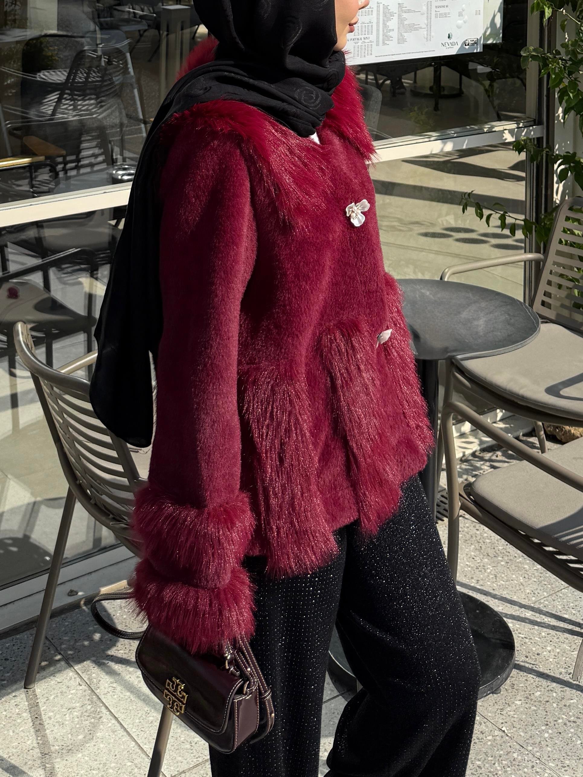 Diva Kürk Detaylı Angora Hırka/Ceket Bordo