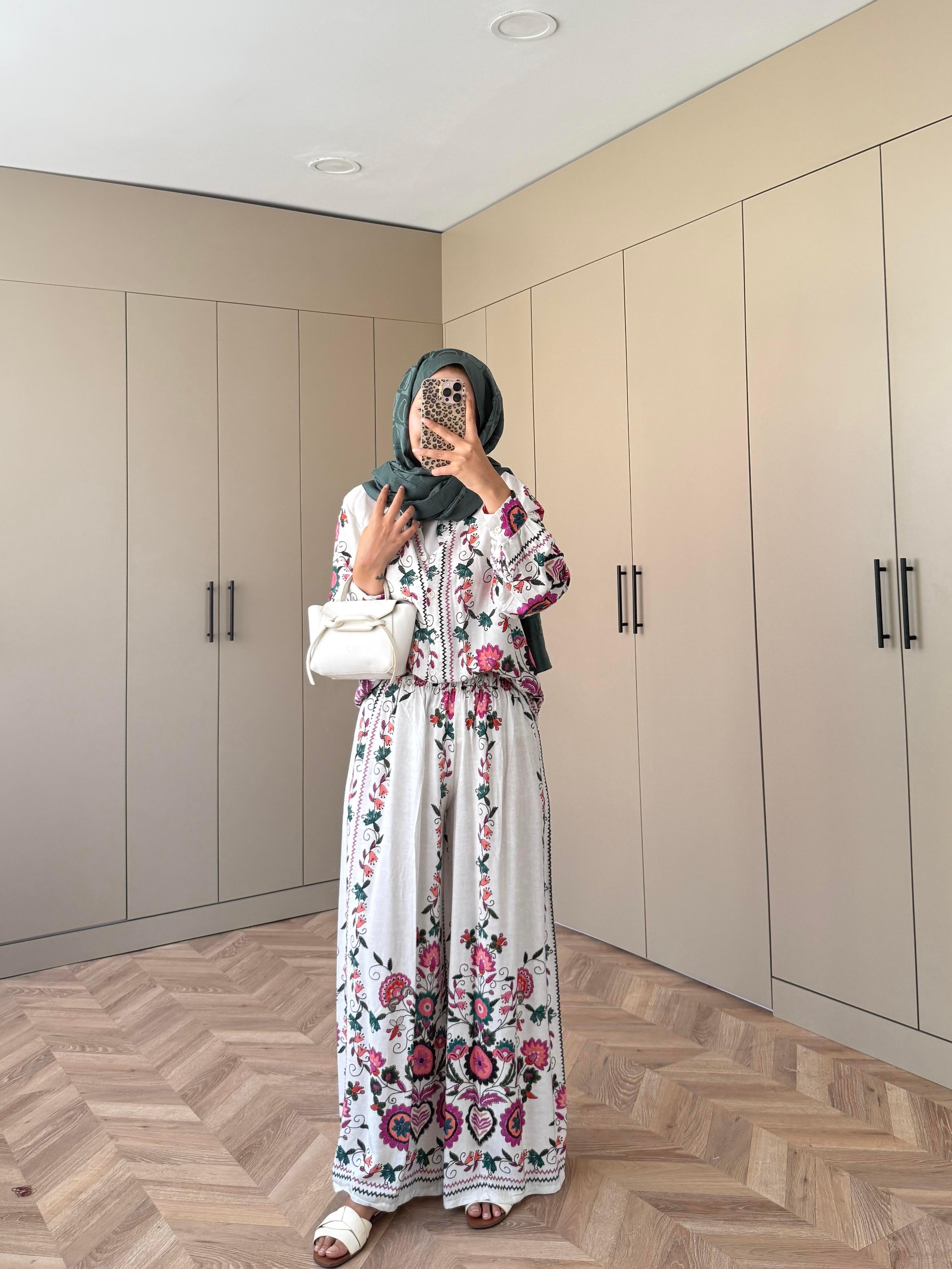 Dolunay Pantolonlu Takım Ekru-Pembe