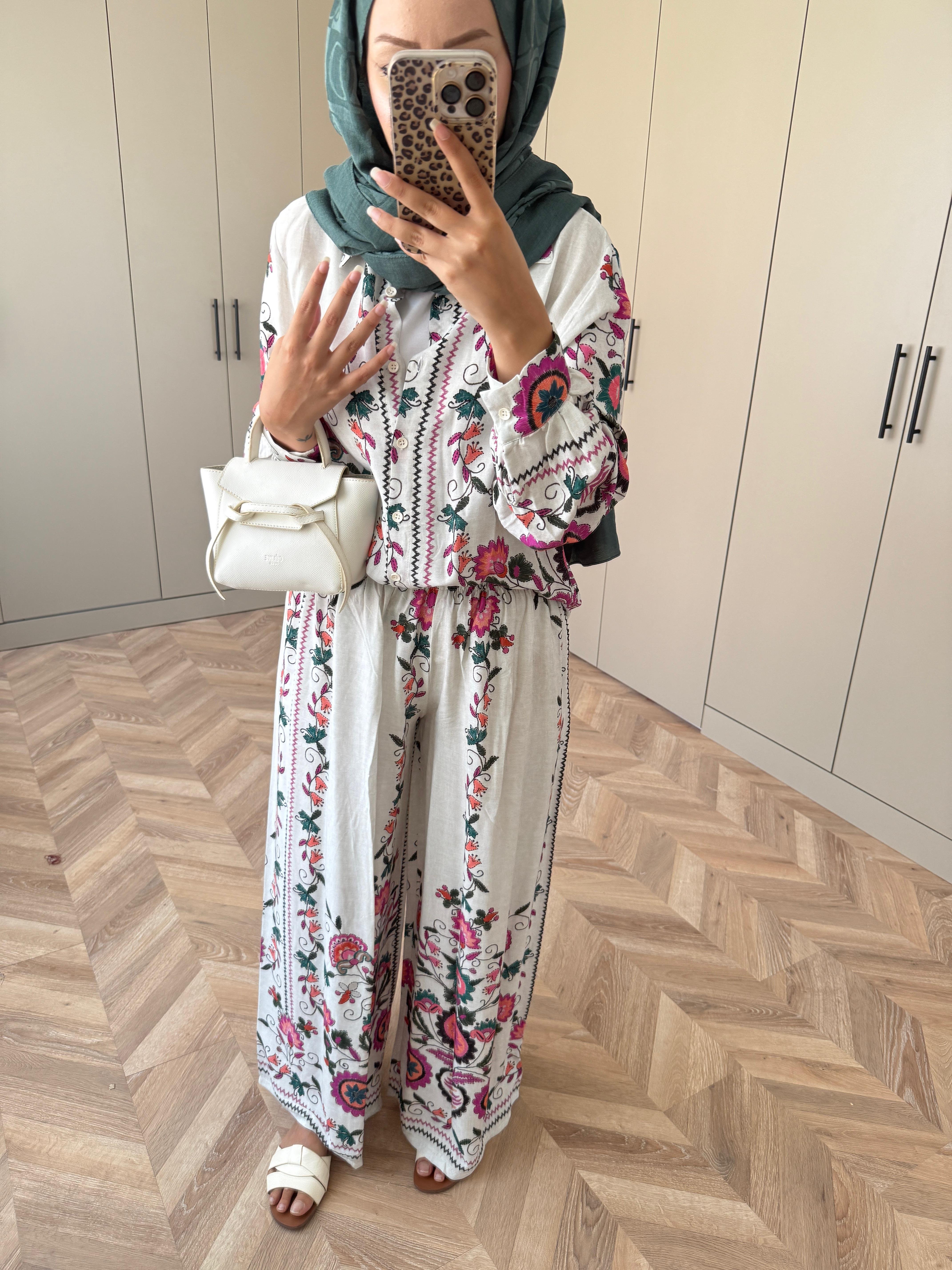 Dolunay Pantolonlu Takım Ekru-Pembe