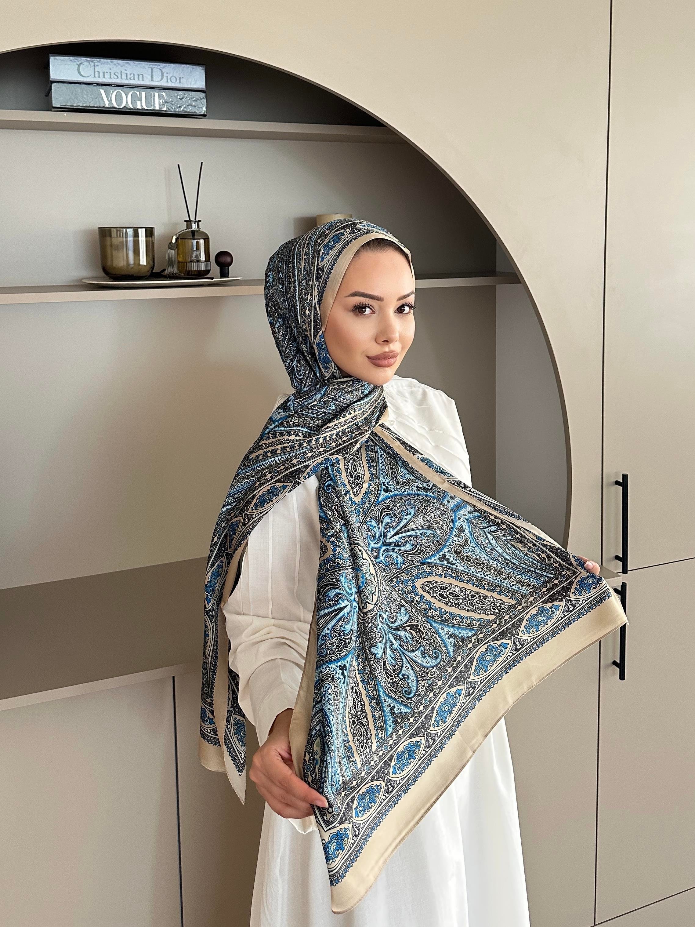 Etnik Desen İthal İpek Vual Şal Bej-Mavi