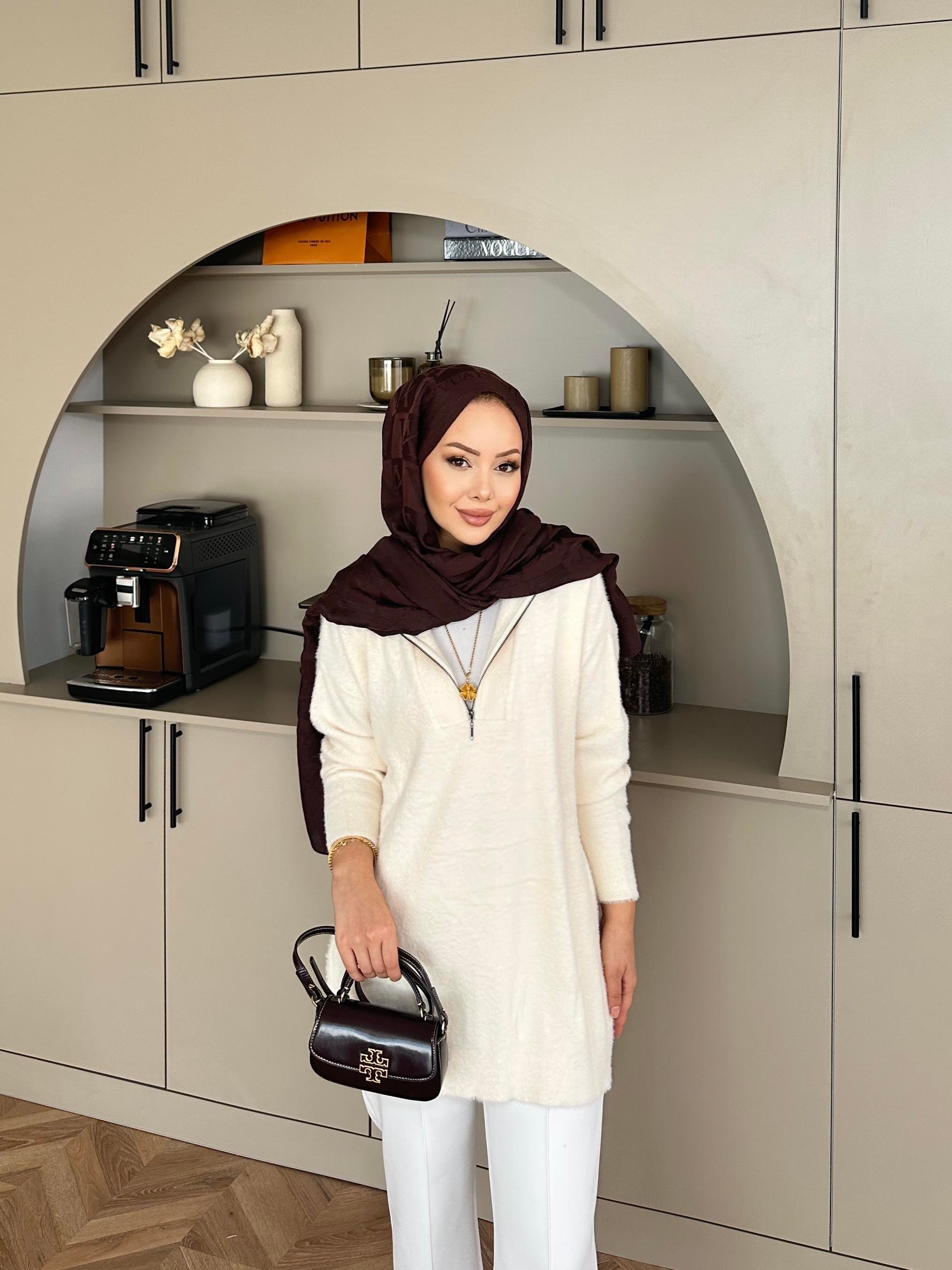 Fermuarlı Angora Kazak Ekru