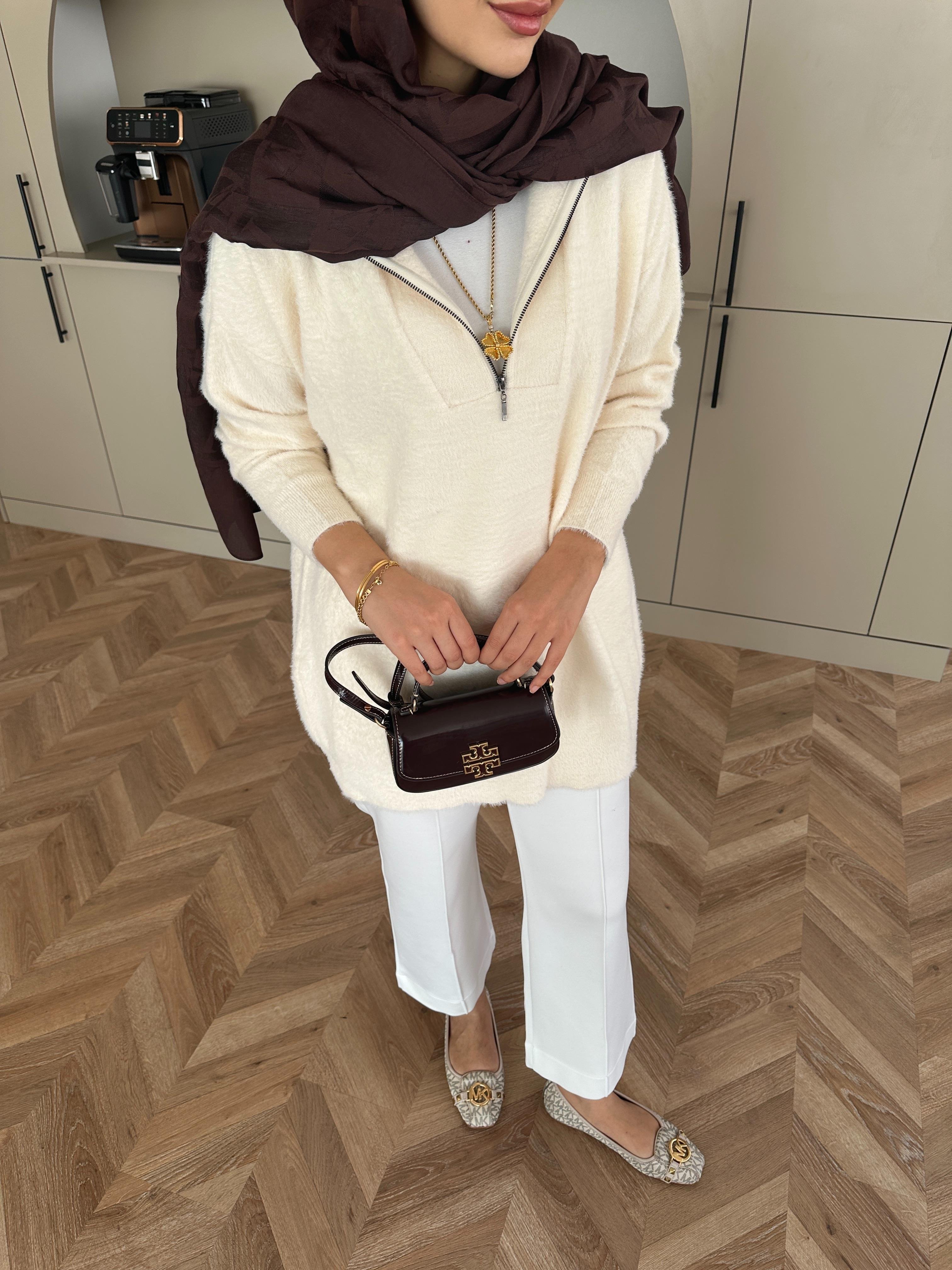 Fermuarlı Angora Kazak Ekru