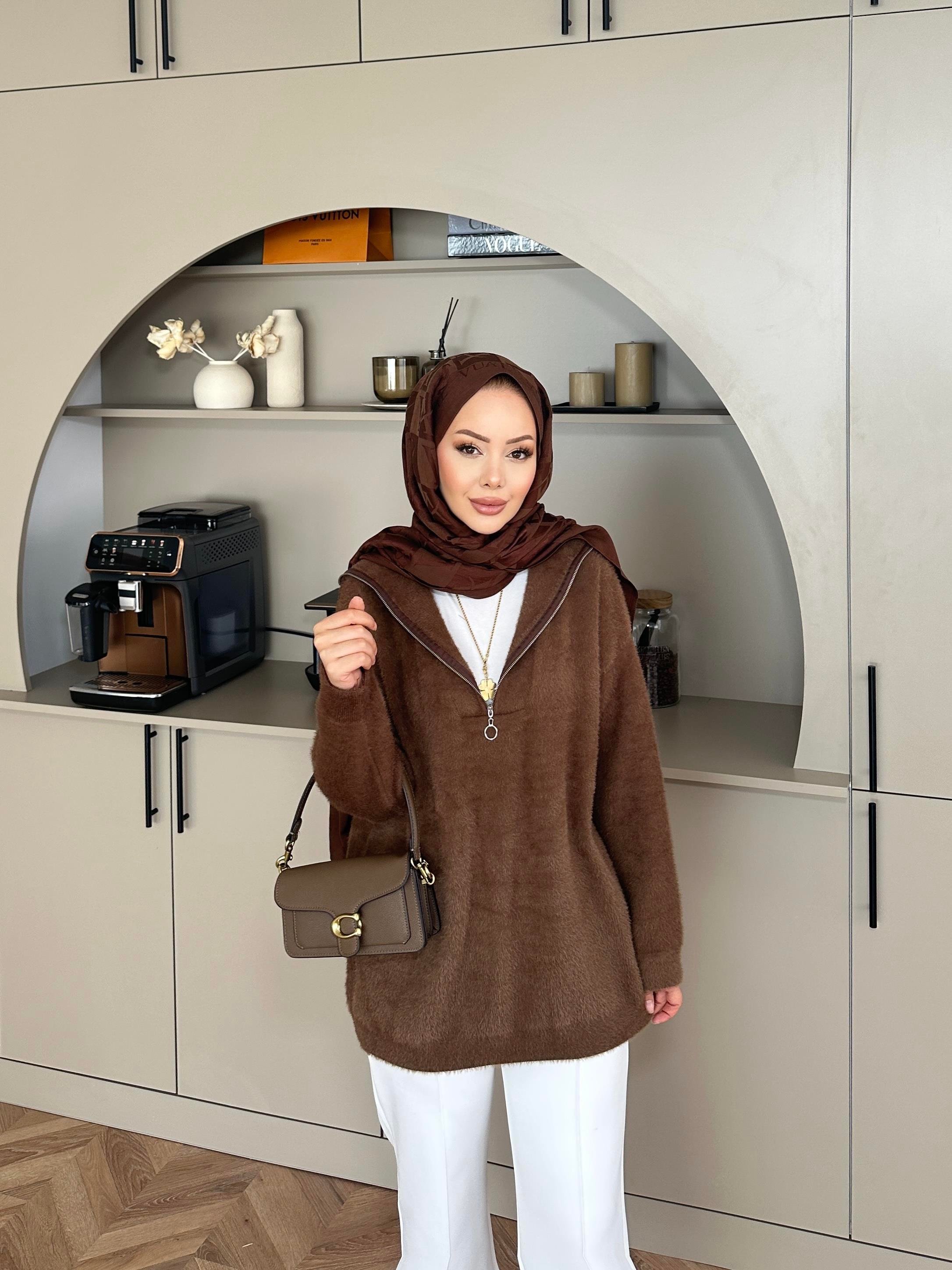 Fermuarlı Angora Kazak Kahve