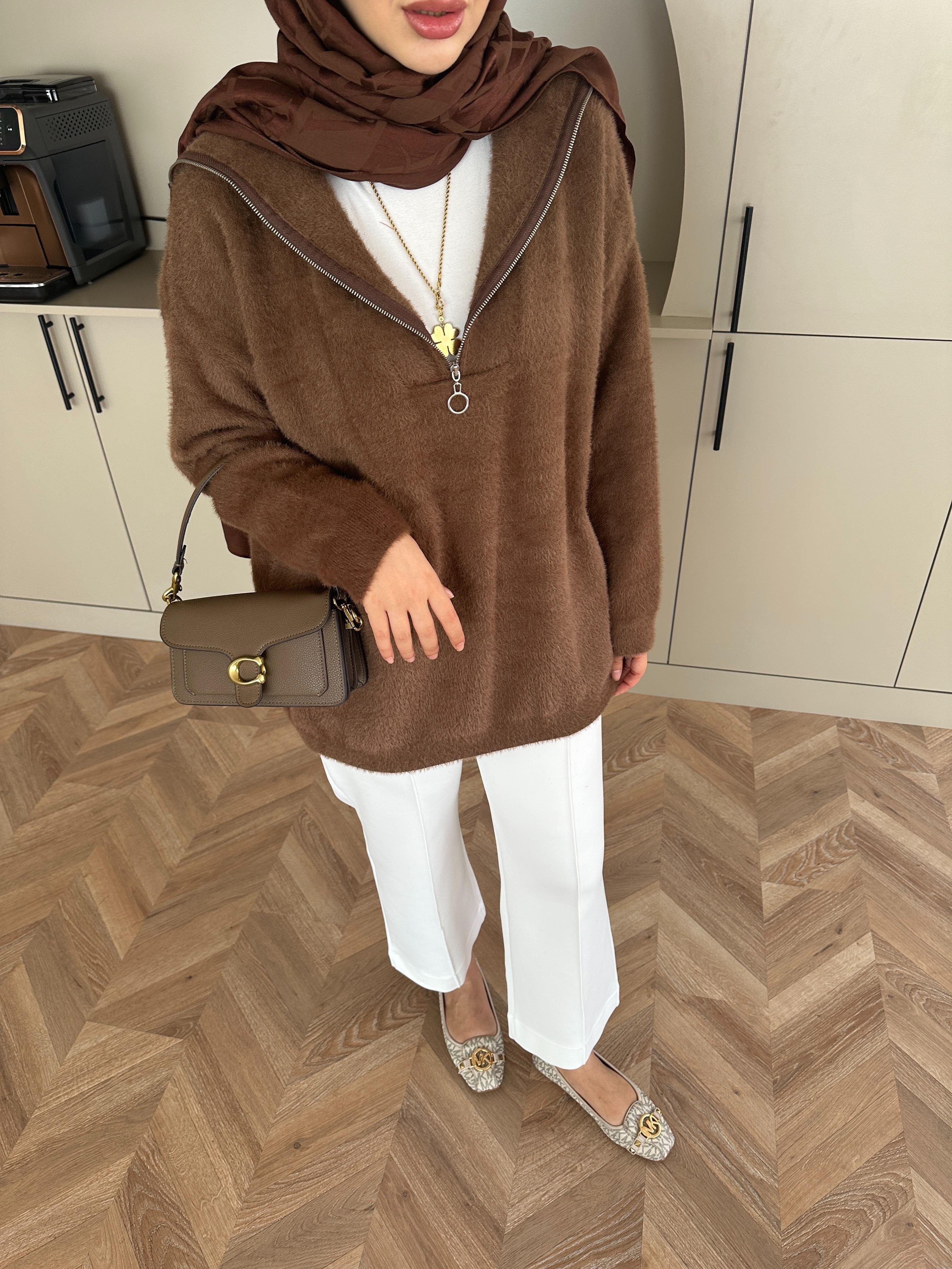 Fermuarlı Angora Kazak Kahve