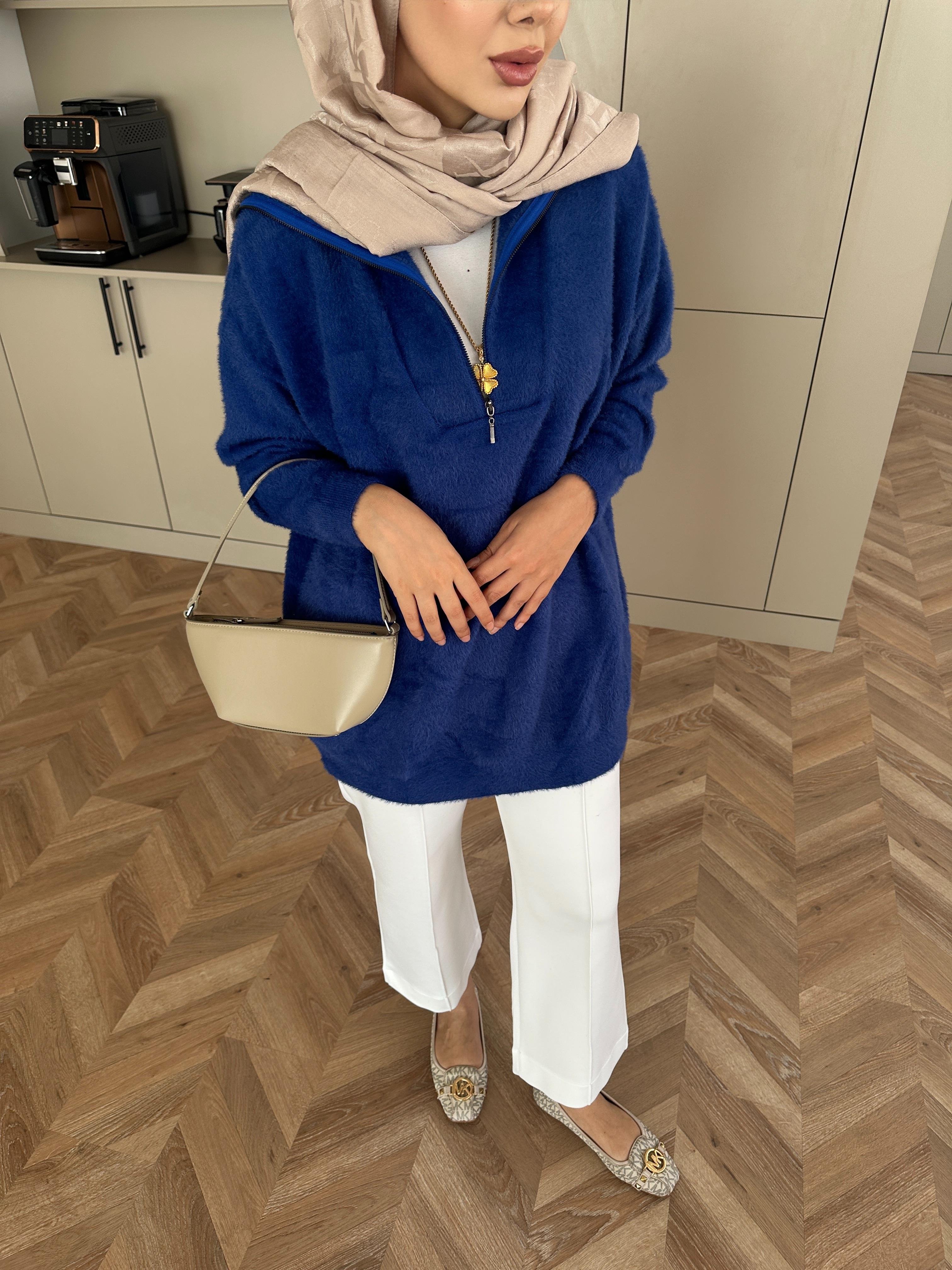 Fermuarlı Angora Kazak Mavi