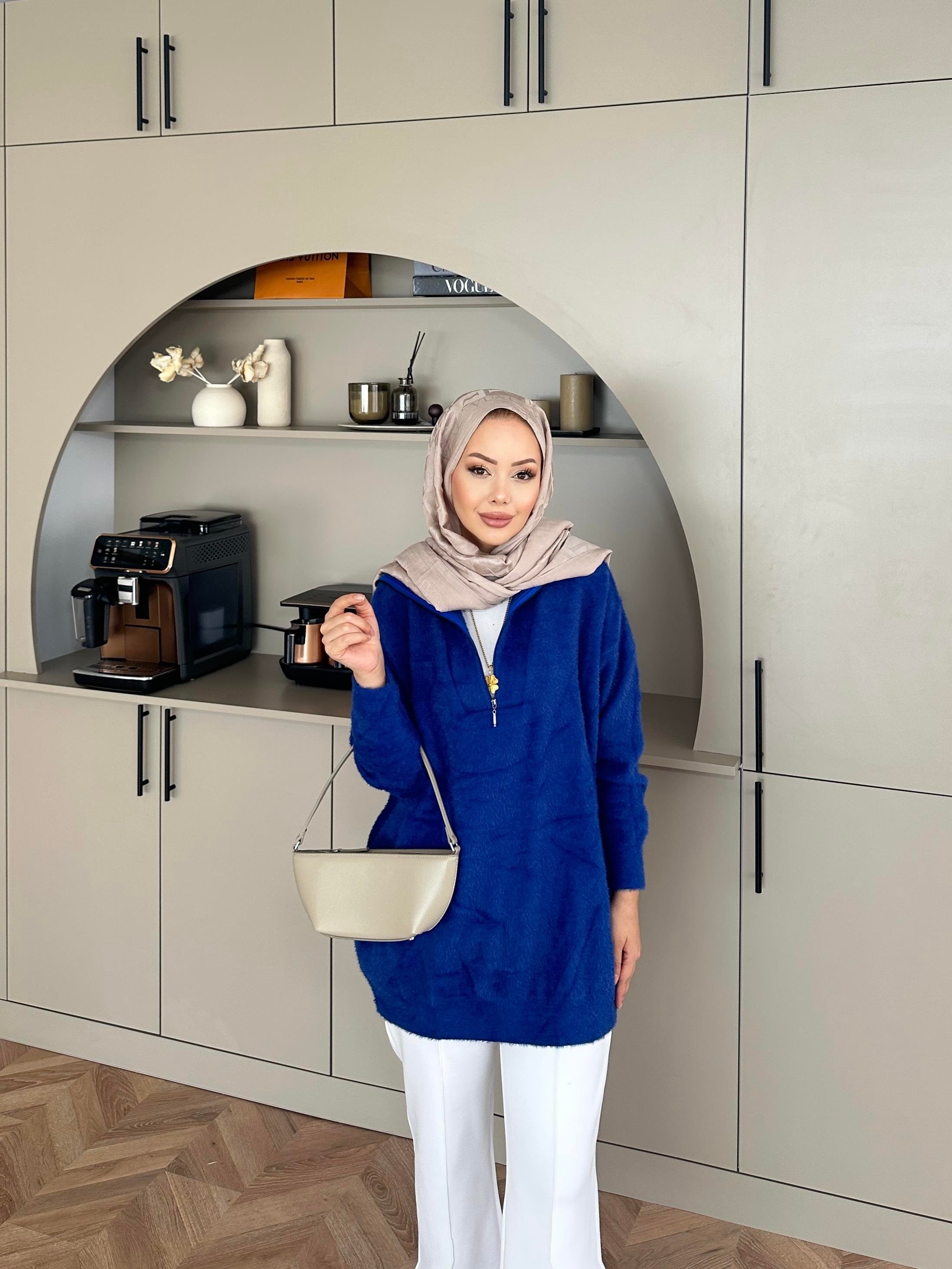 Fermuarlı Angora Kazak Mavi