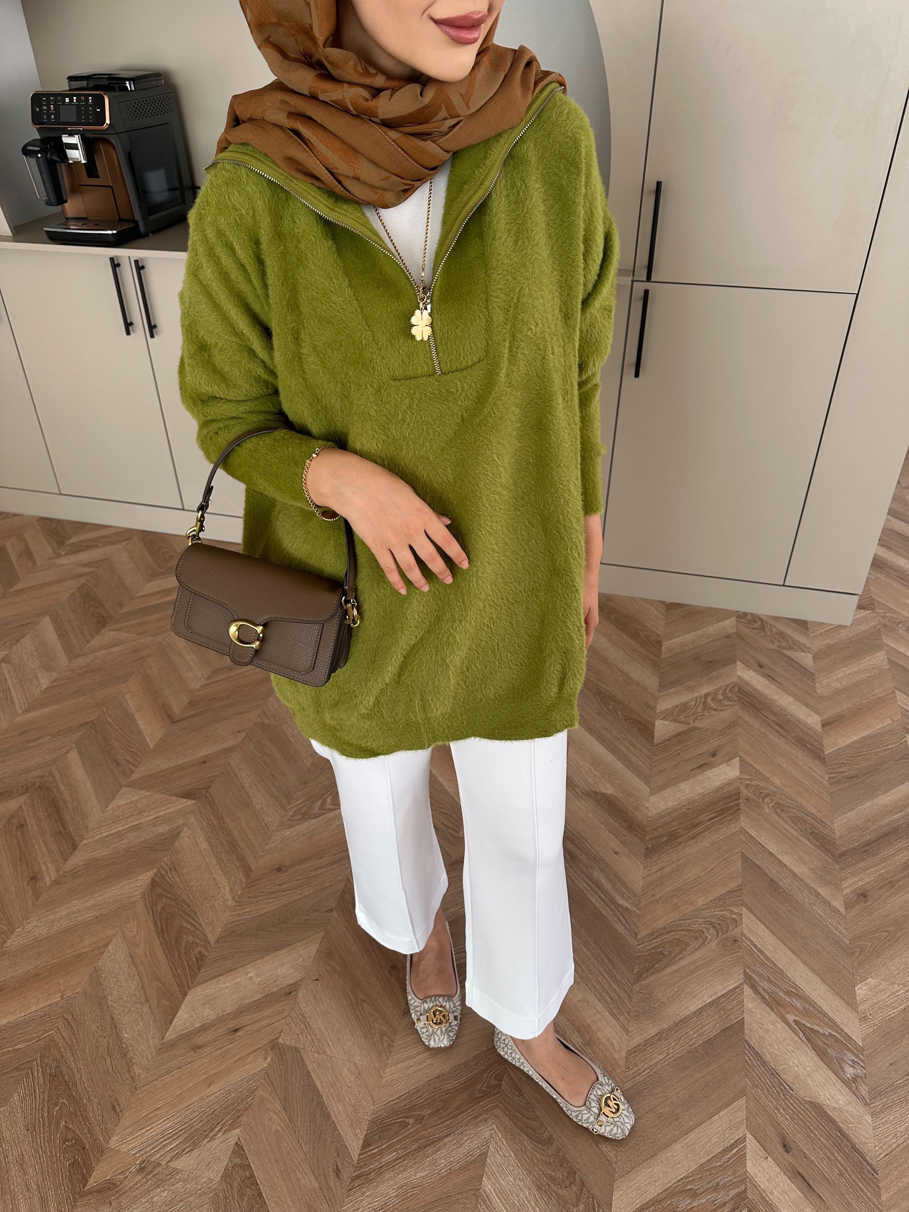 Fermuarlı Angora Kazak Yeşil