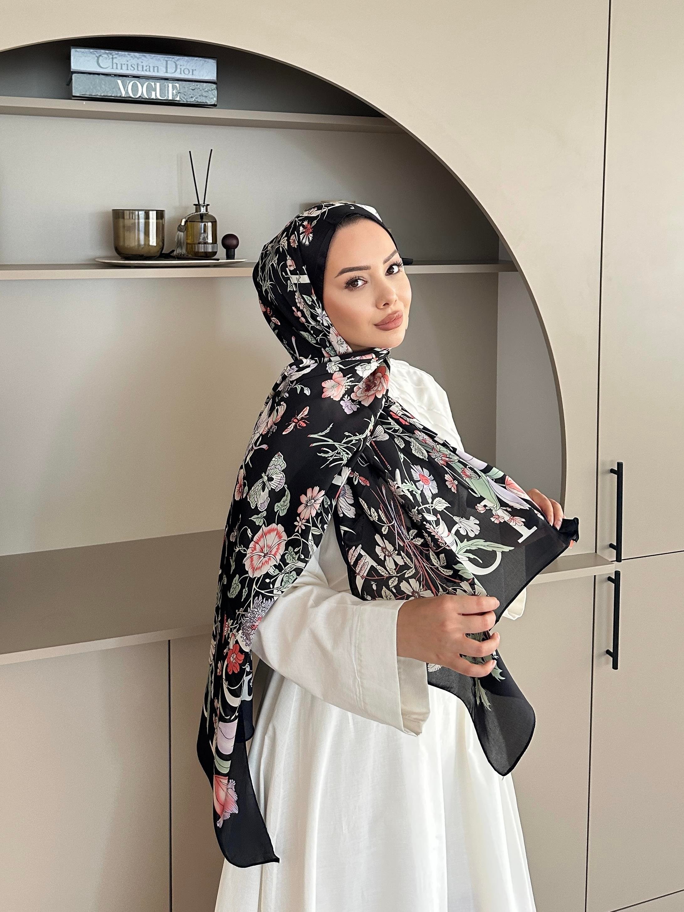 Floral Desen İthal İpek Vual Şal Siyah