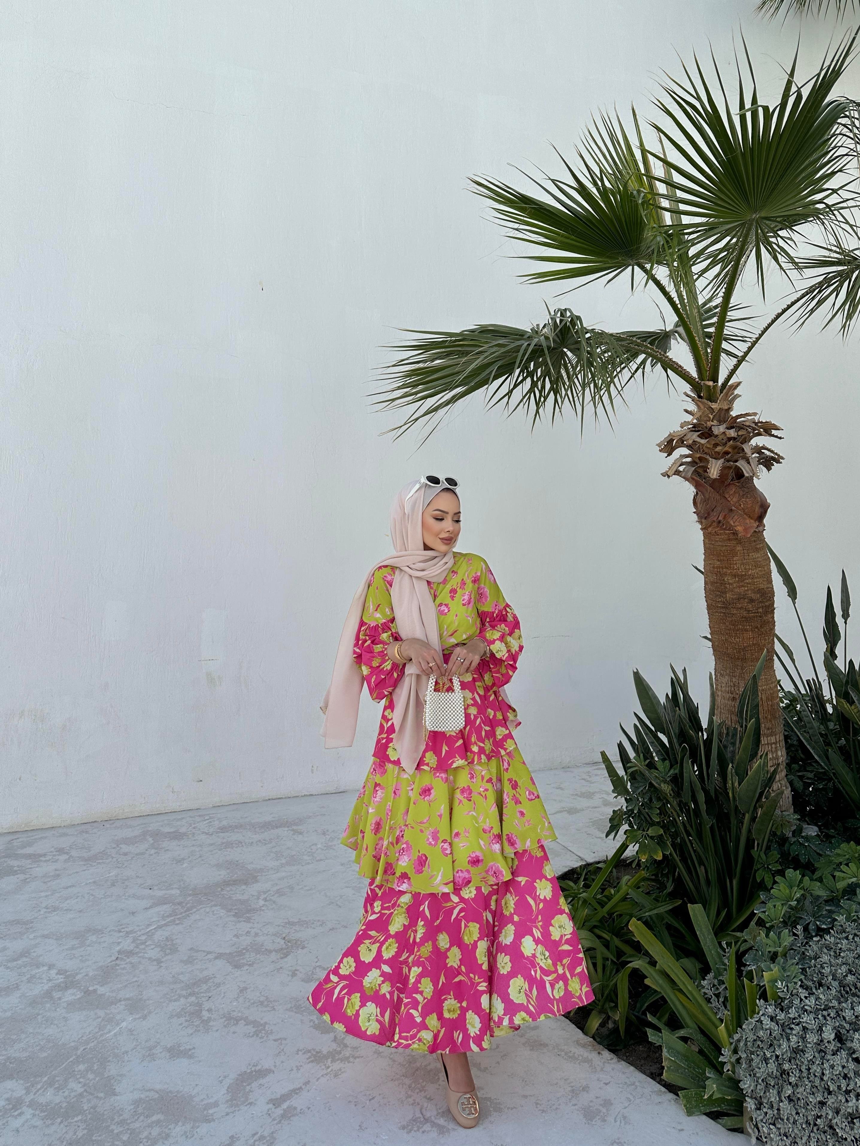 Flory Elbise Yağ Yeşili Pembe