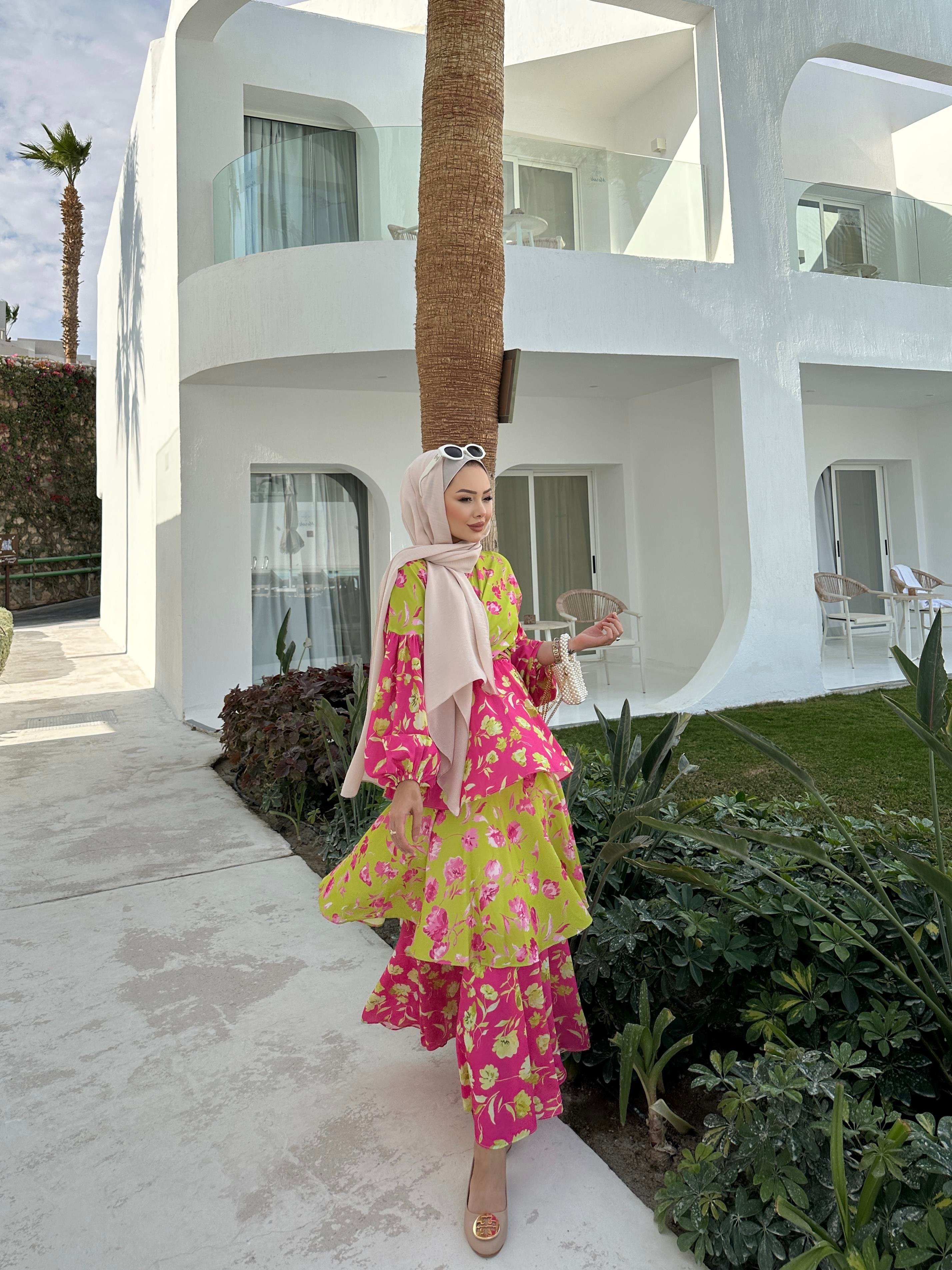 Flory Elbise Yağ Yeşili Pembe