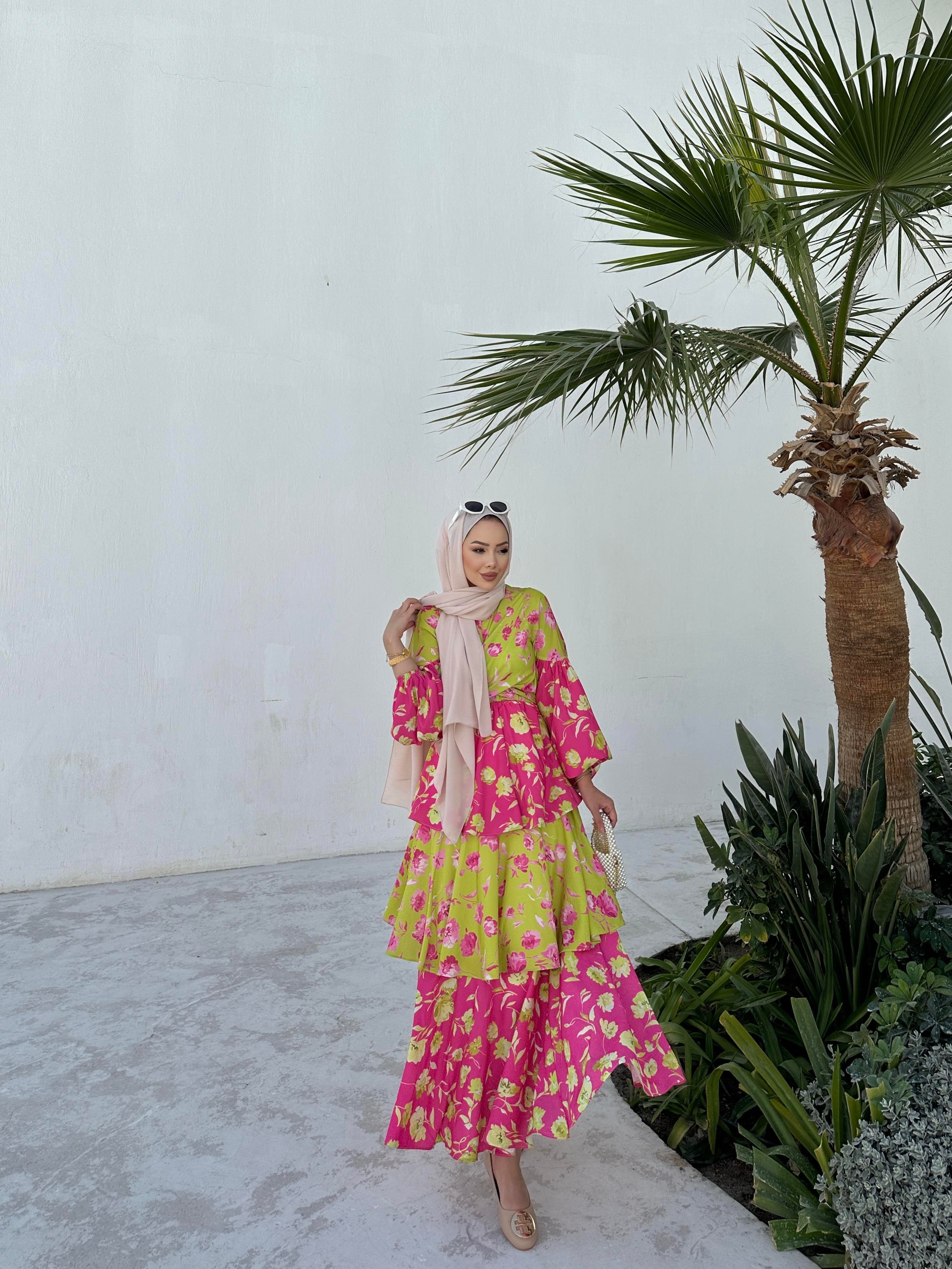 Flory Elbise Yağ Yeşili Pembe