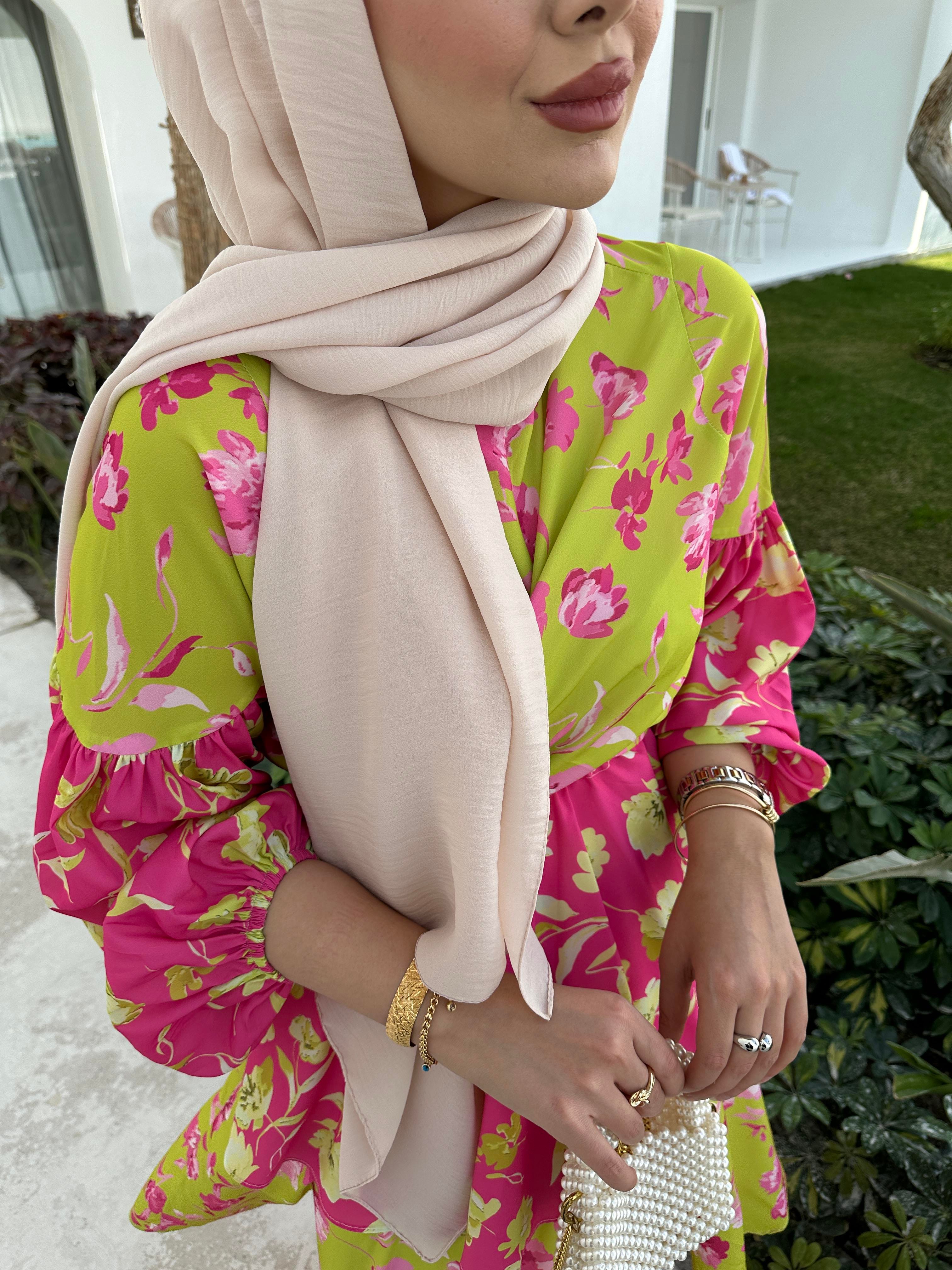 Flory Elbise Yağ Yeşili Pembe