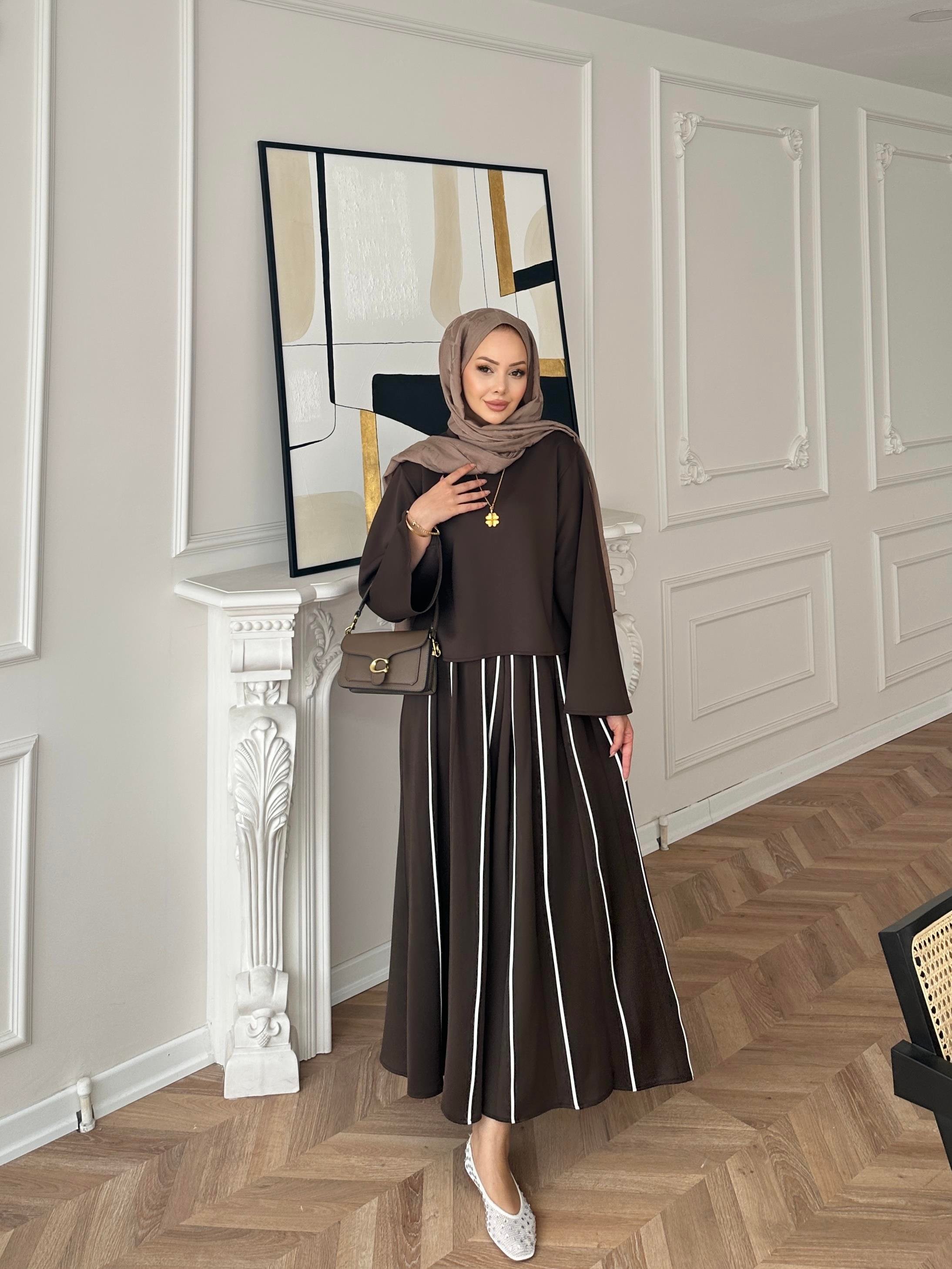 Grayle Biye Detaylı Scuba Etekli Takım Kahve