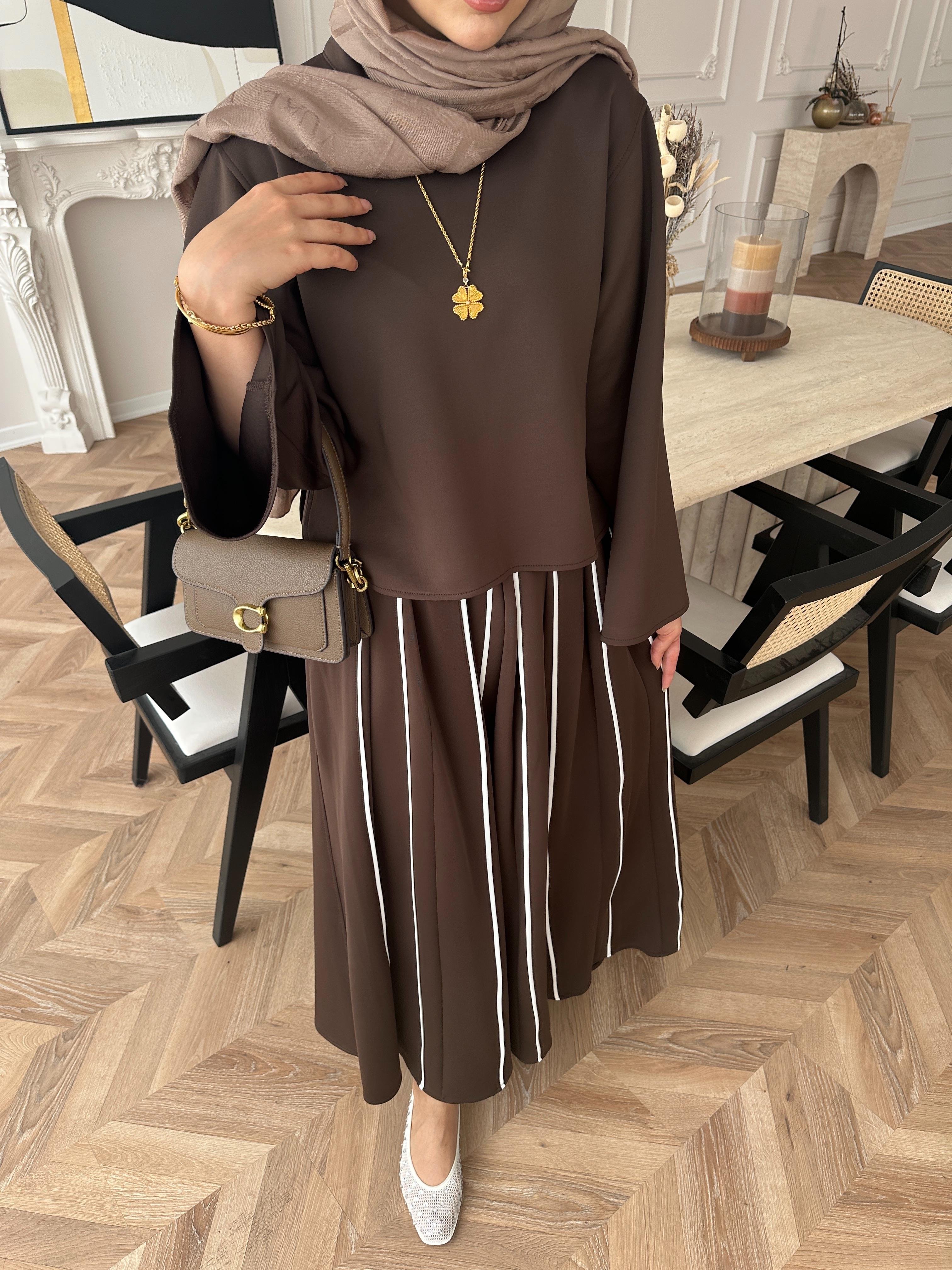 Grayle Biye Detaylı Scuba Etekli Takım Kahve