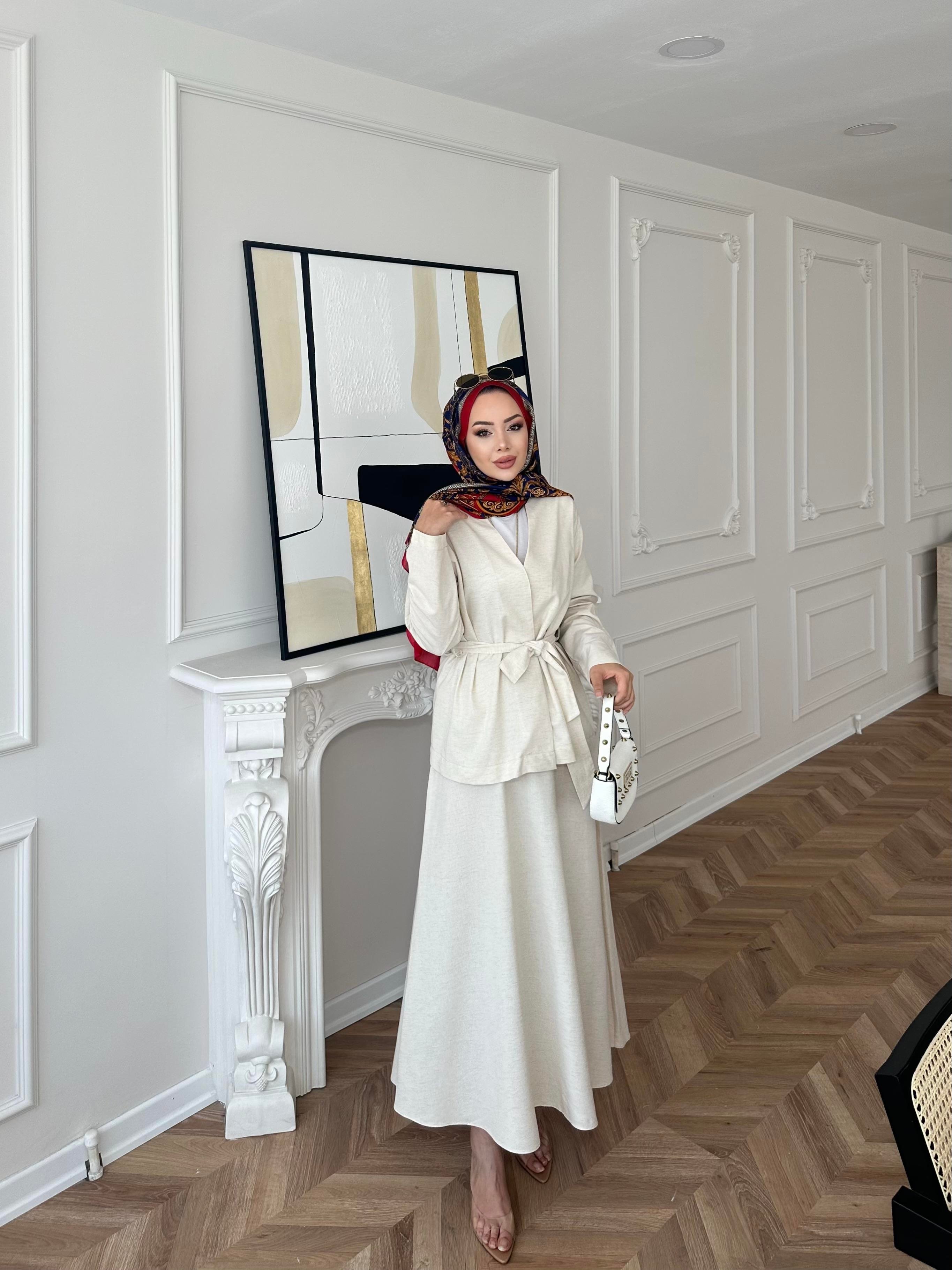 Liyuza Keten Etekli Takım Bej