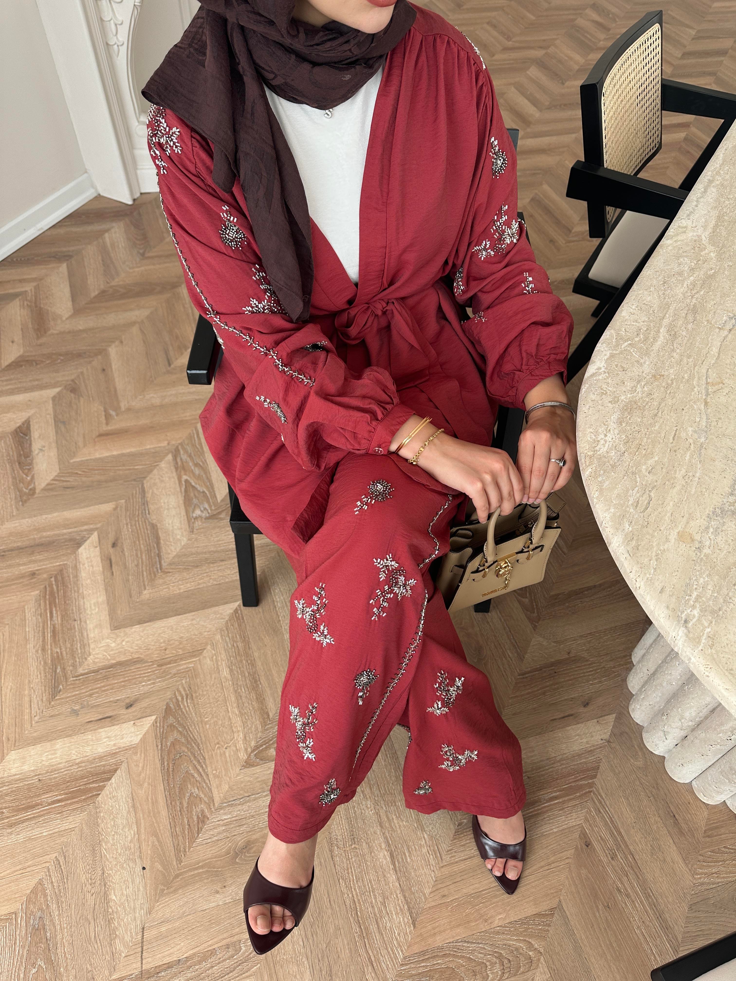 İşlemeli Kimono Takım Bordo 