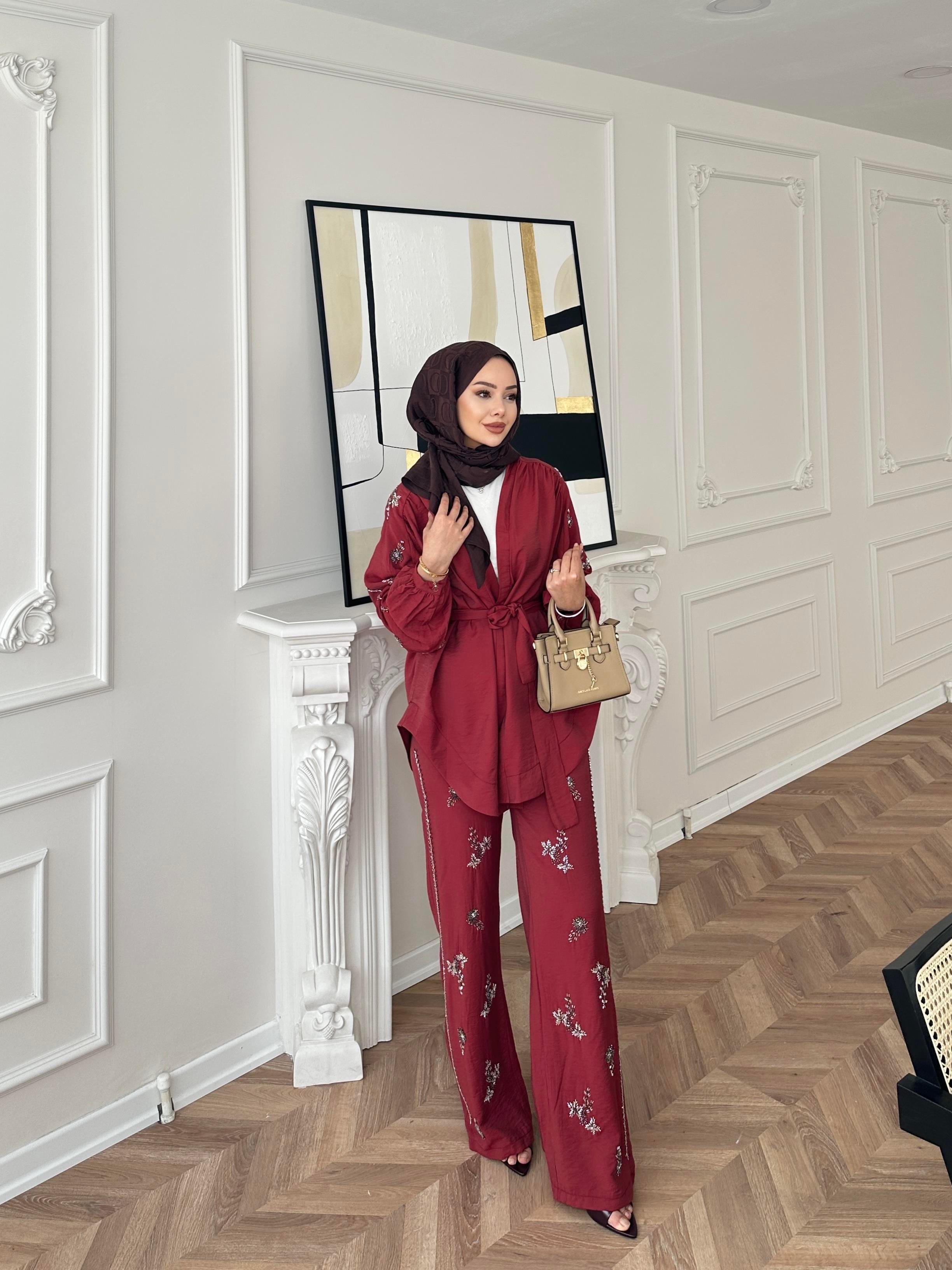 İşlemeli Kimono Takım Bordo 