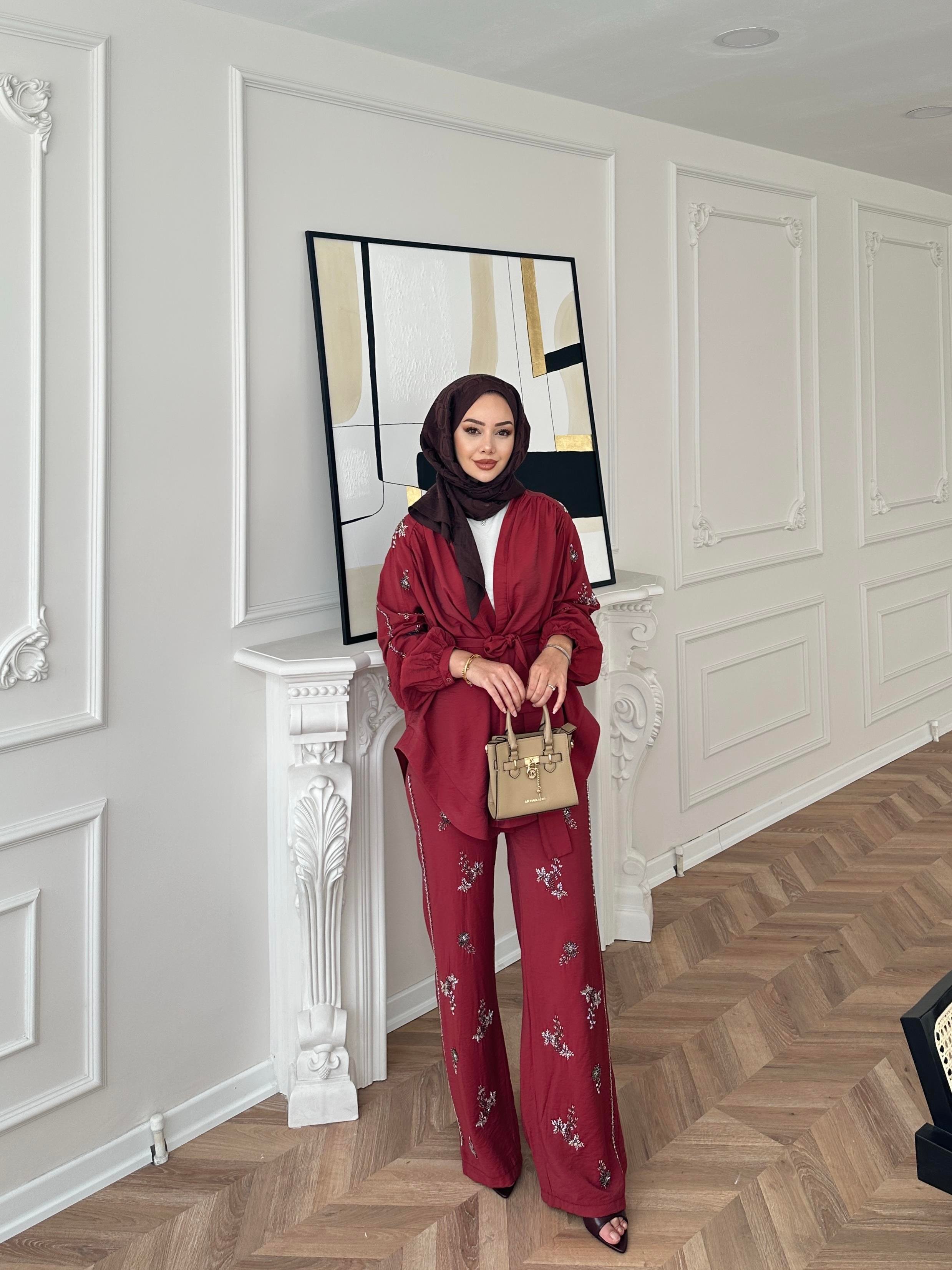 İşlemeli Kimono Takım Bordo 