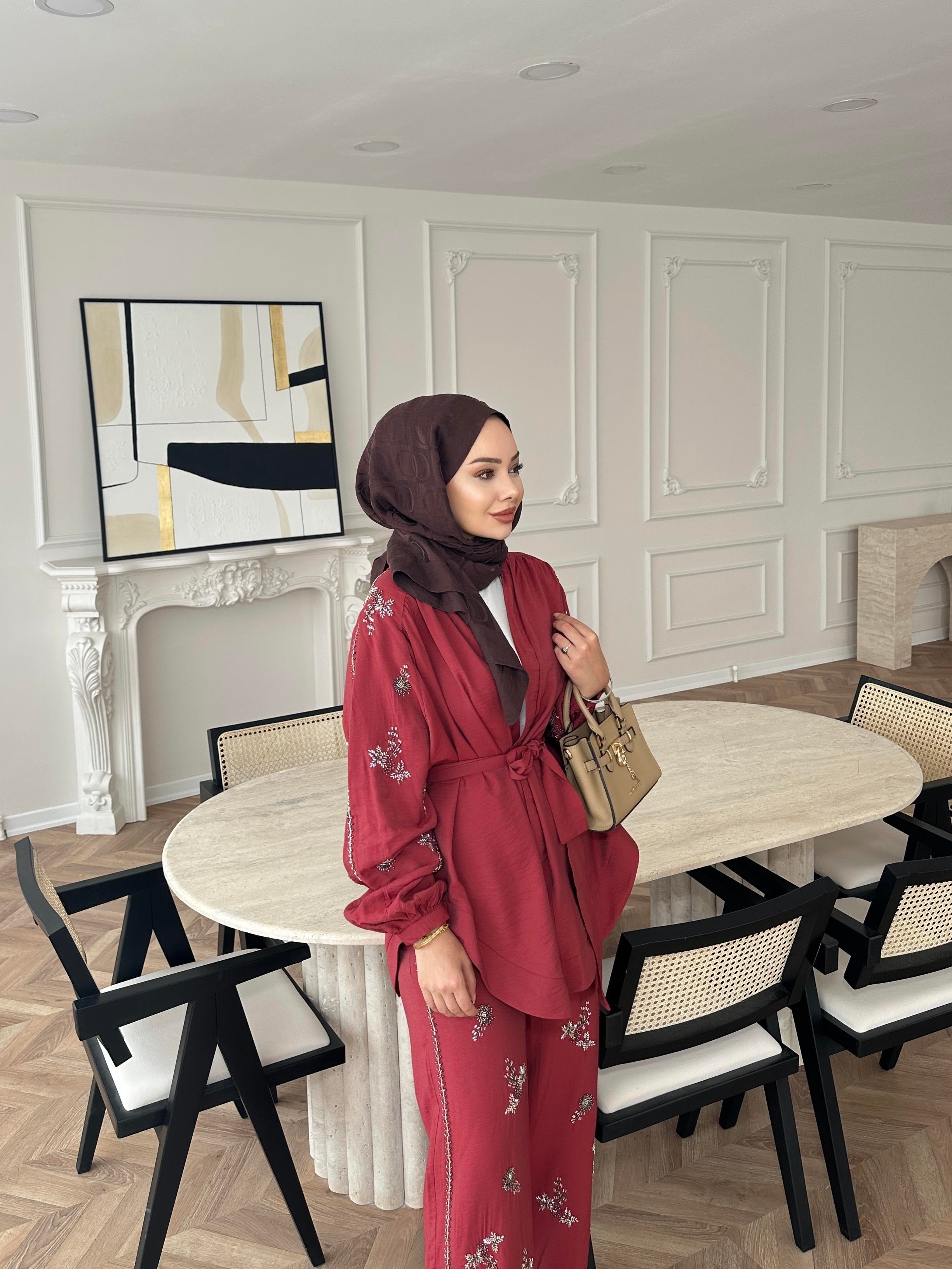 İşlemeli Kimono Takım Bordo 