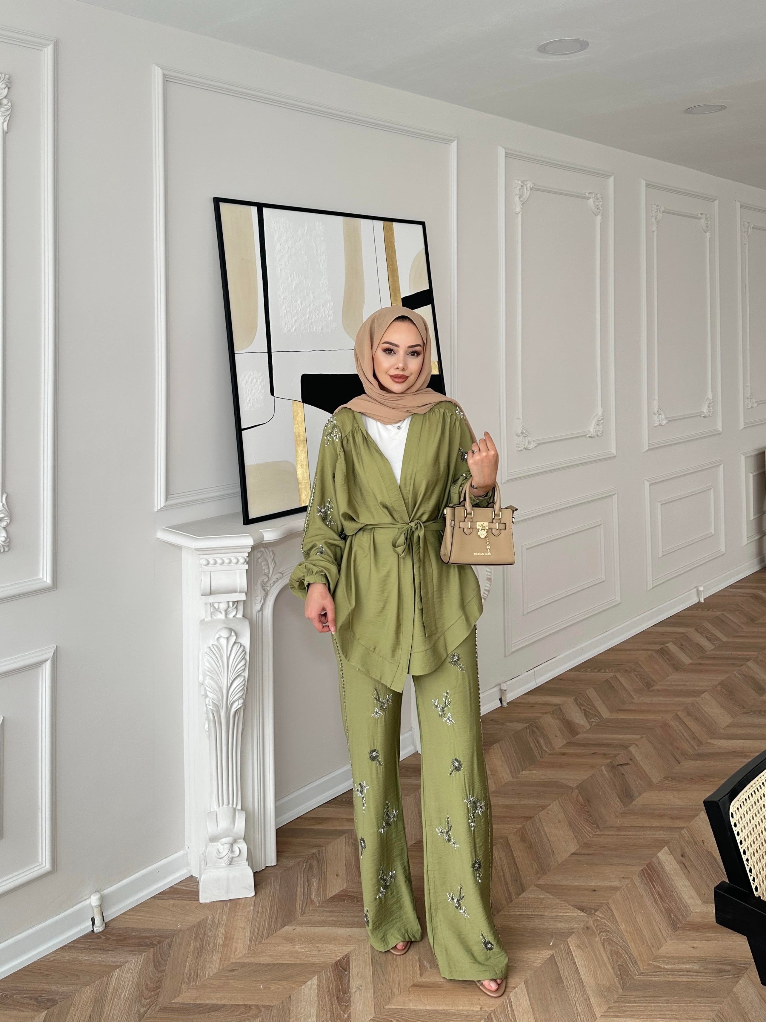 İşlemeli Kimono Takım Haki