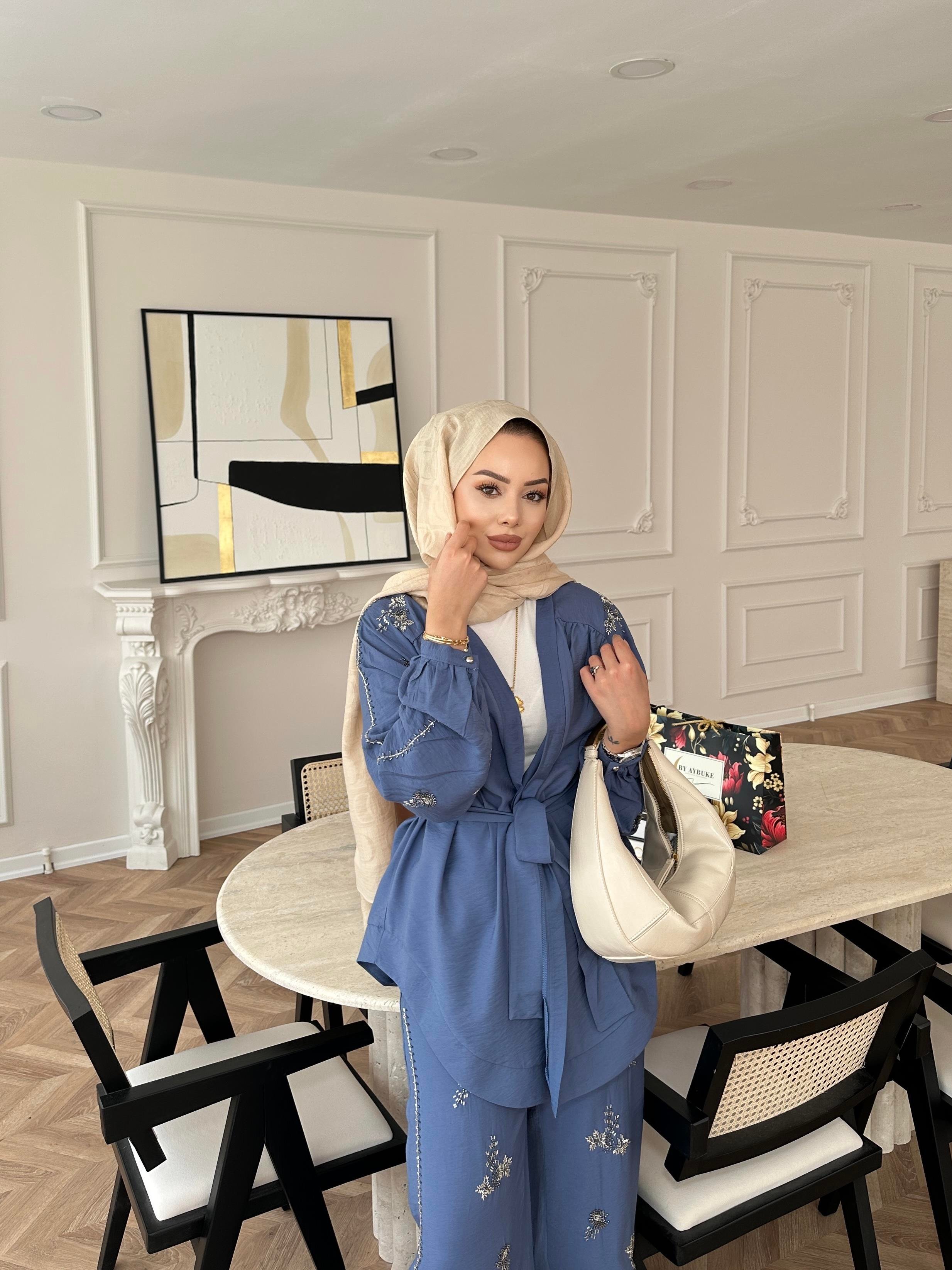 İşlemeli Kimono Takım Mavi