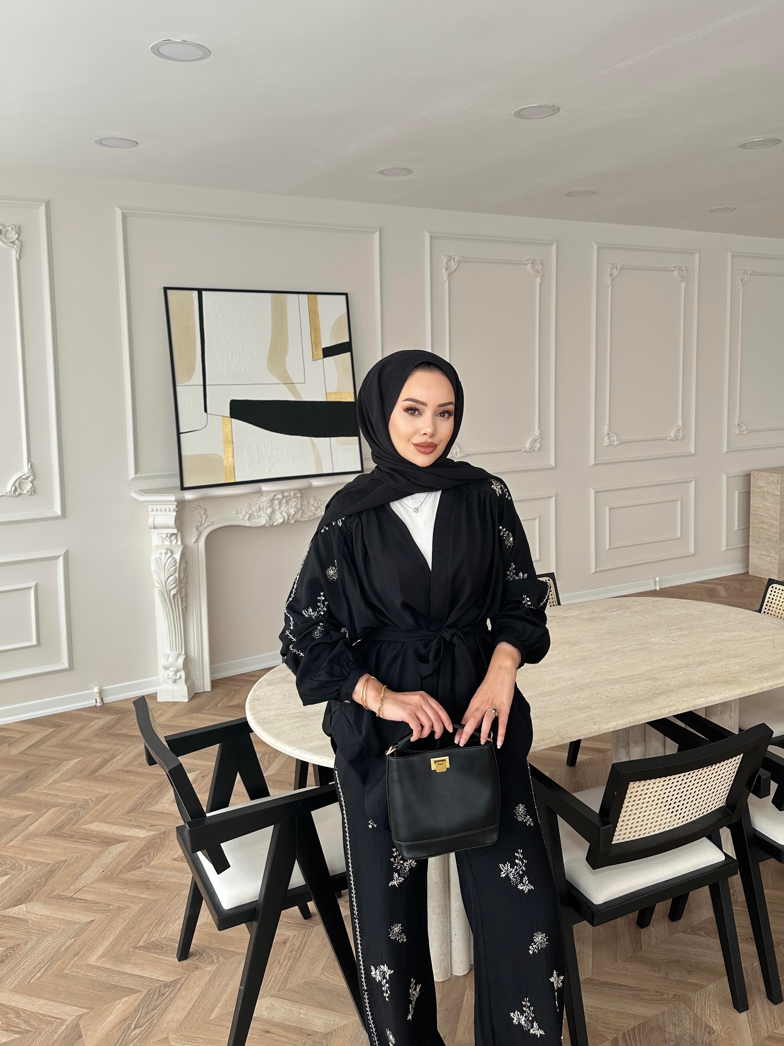 İşlemeli Kimono Takım Siyah