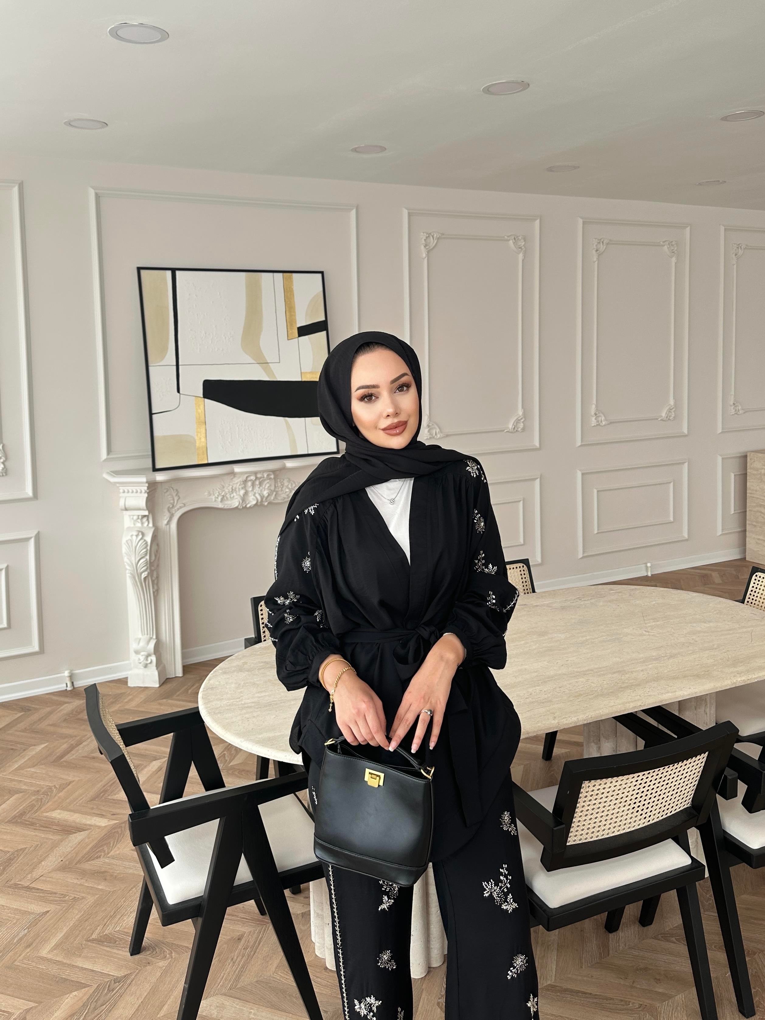 İşlemeli Kimono Takım Siyah