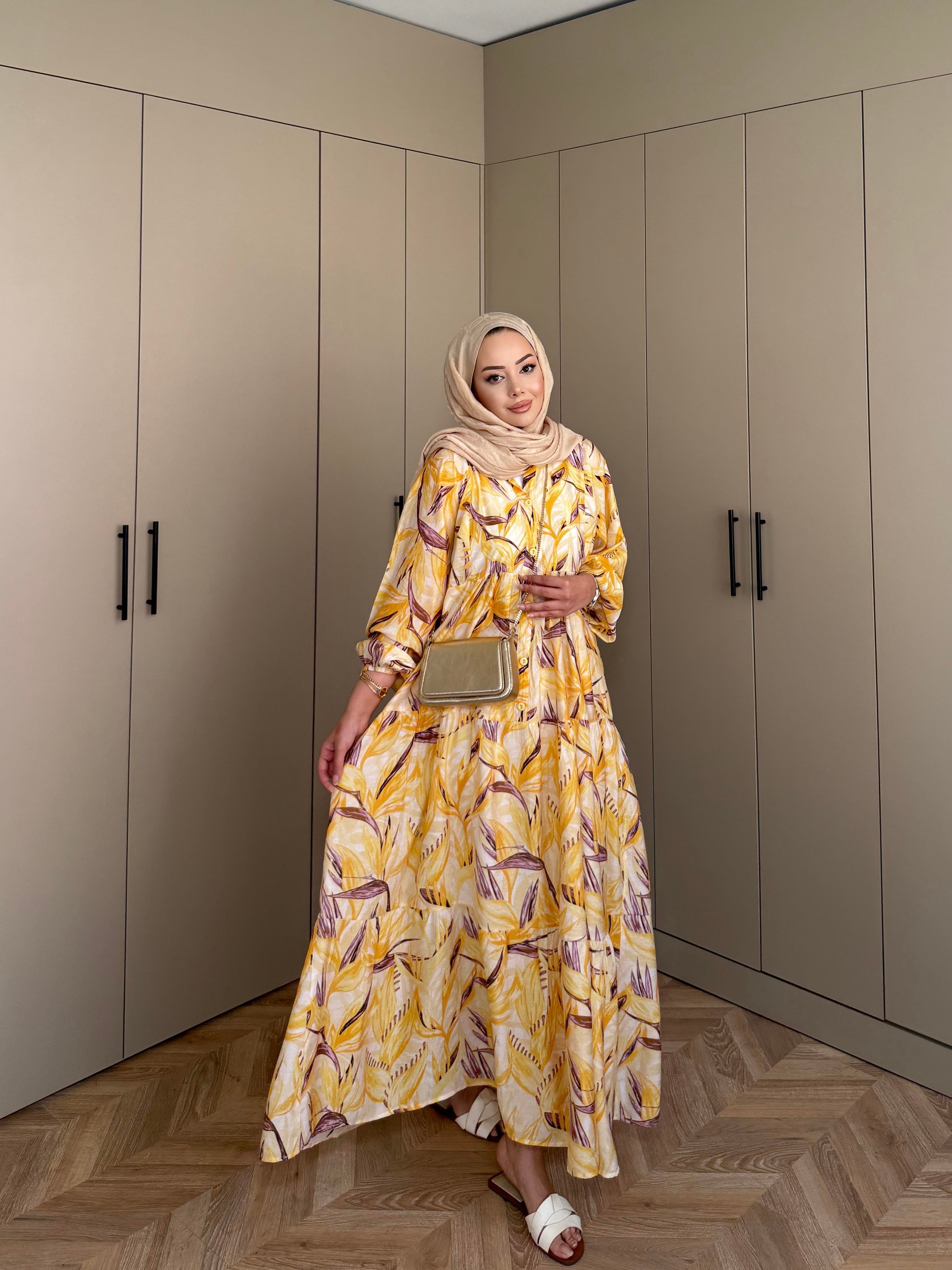 Kiraz Pamuk Vual Elbise Sarı