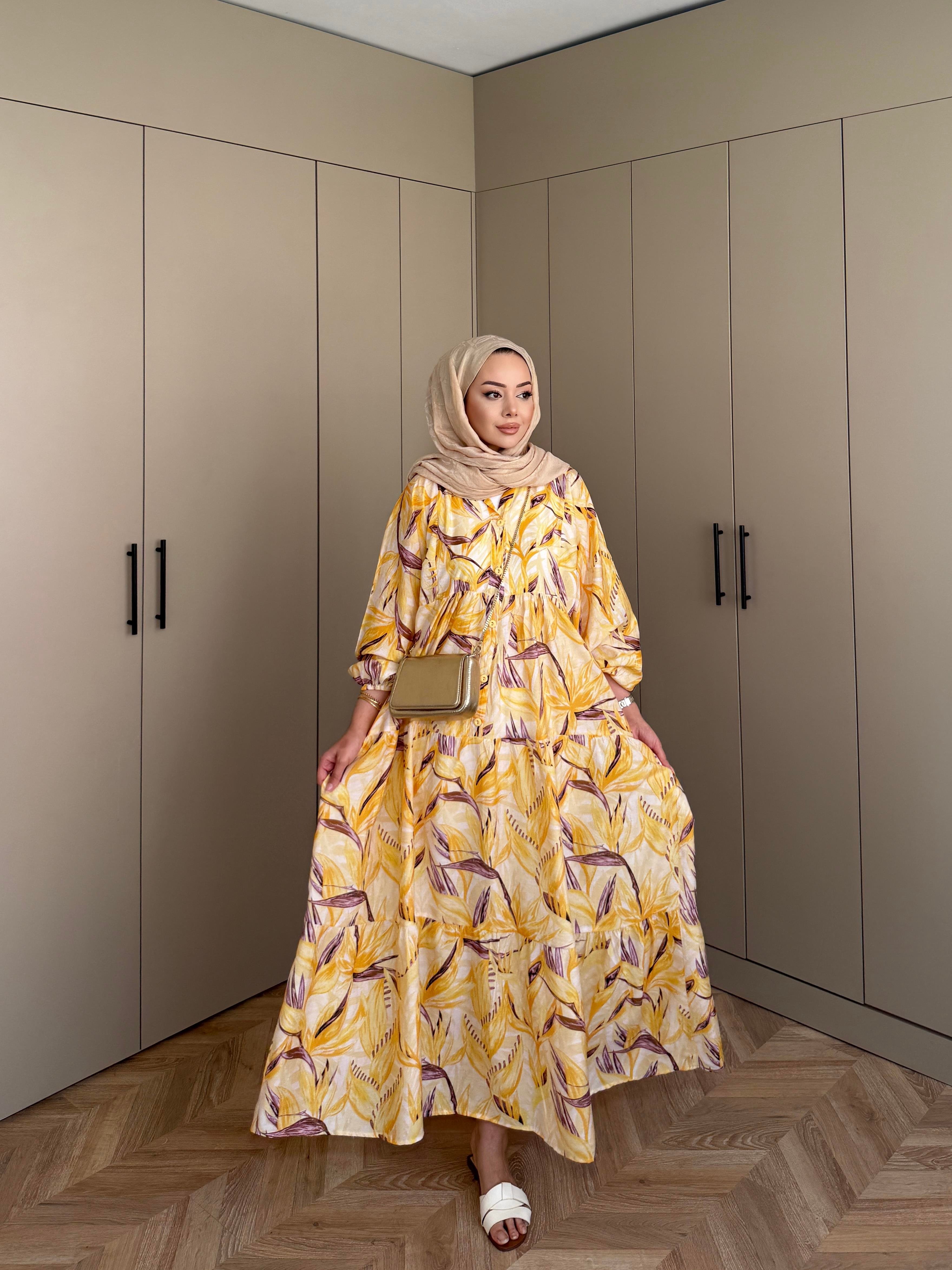 Kiraz Pamuk Vual Elbise Sarı