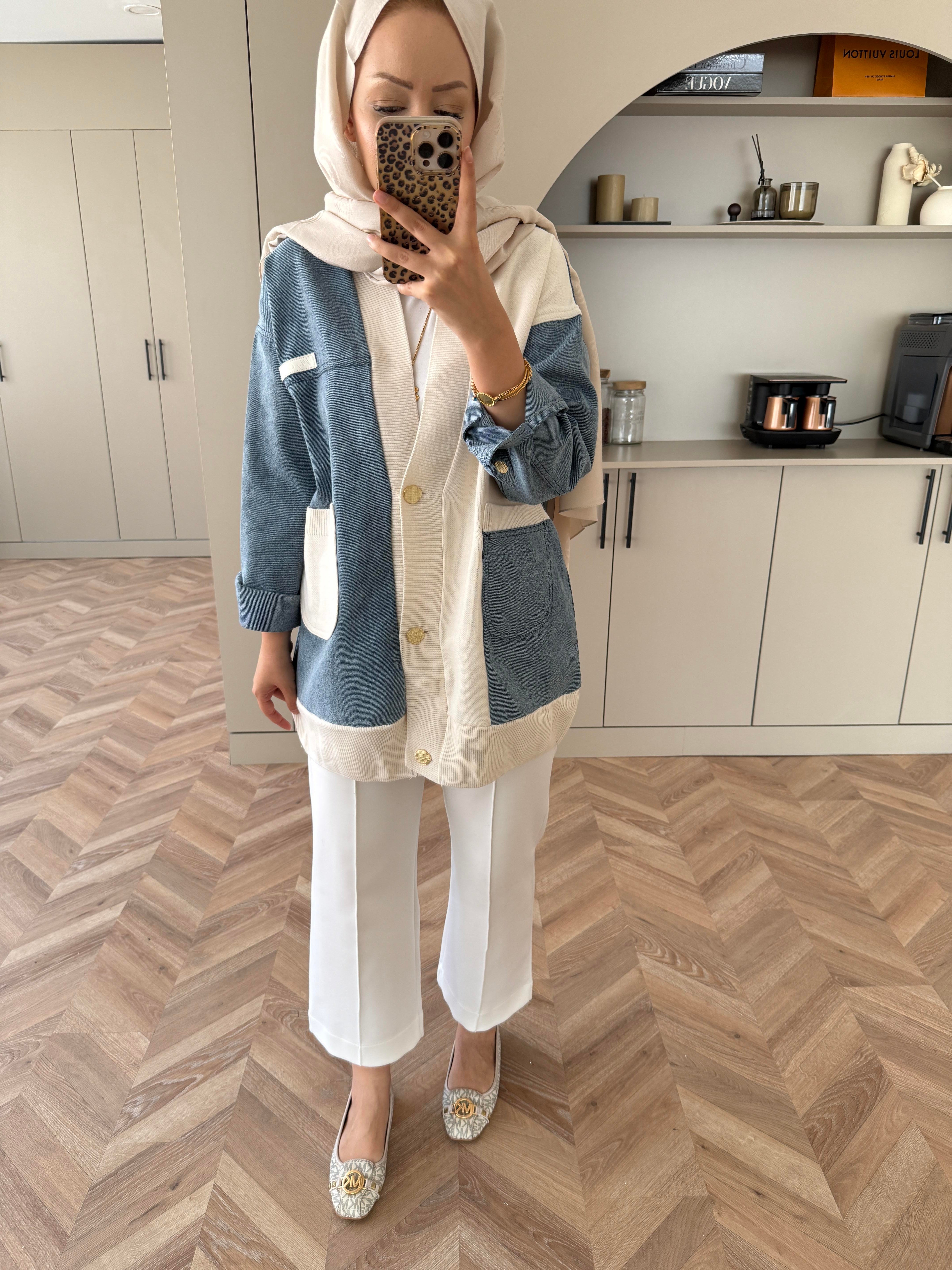 Kontrast Kot Detaylı Hırka Ekru