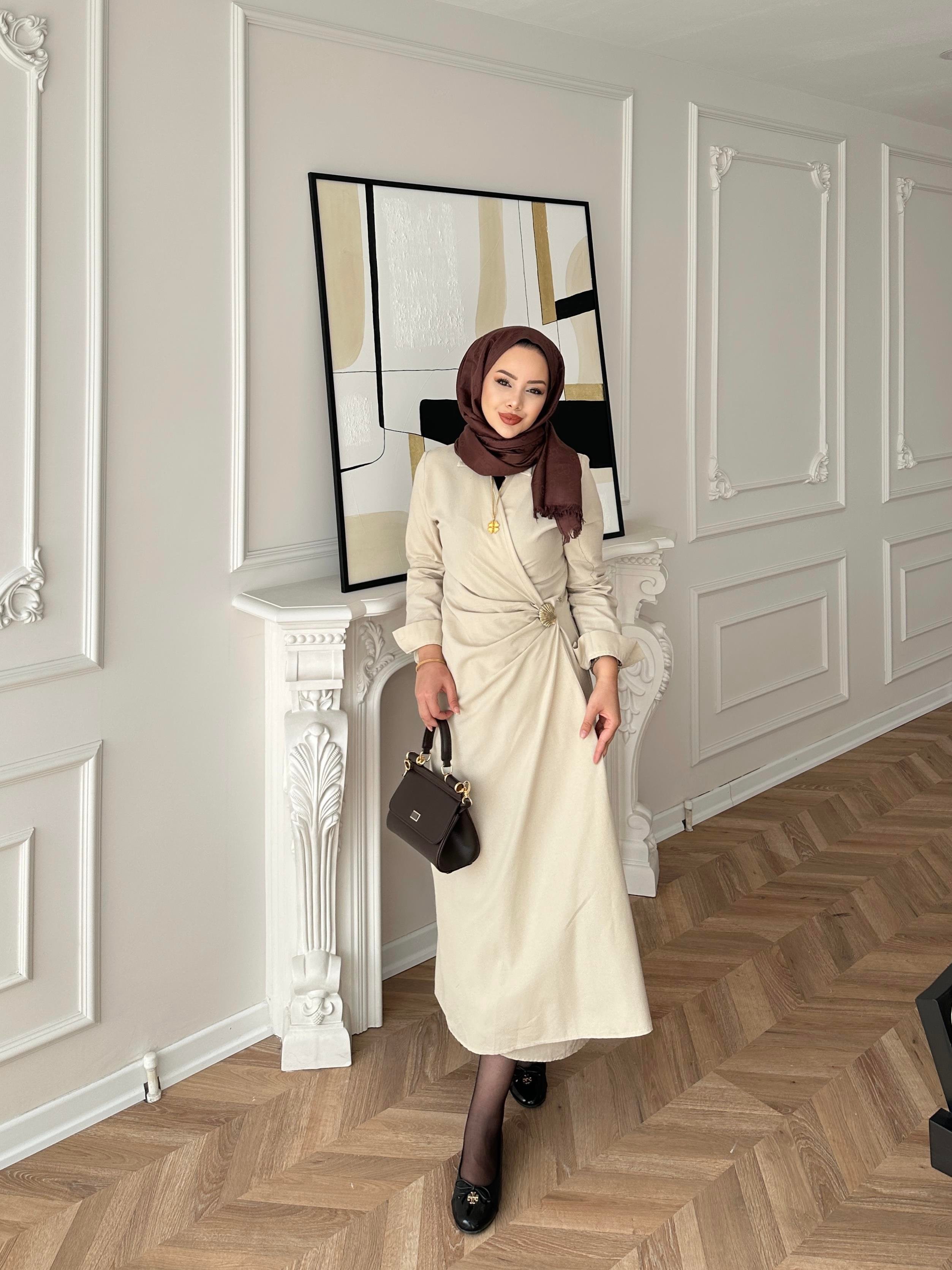 Kumsal Keten Elbise Bej