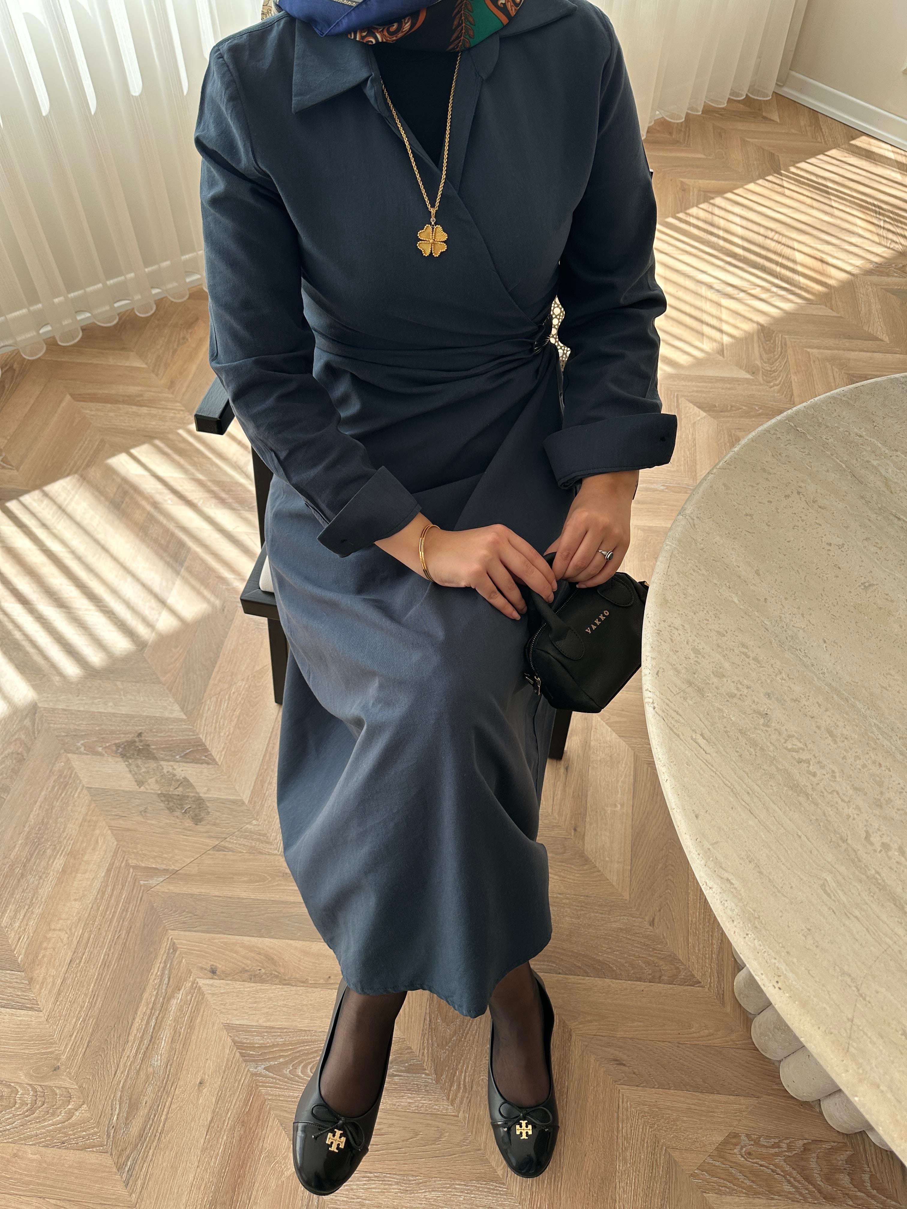 Kumsal Keten Elbise Lacivert