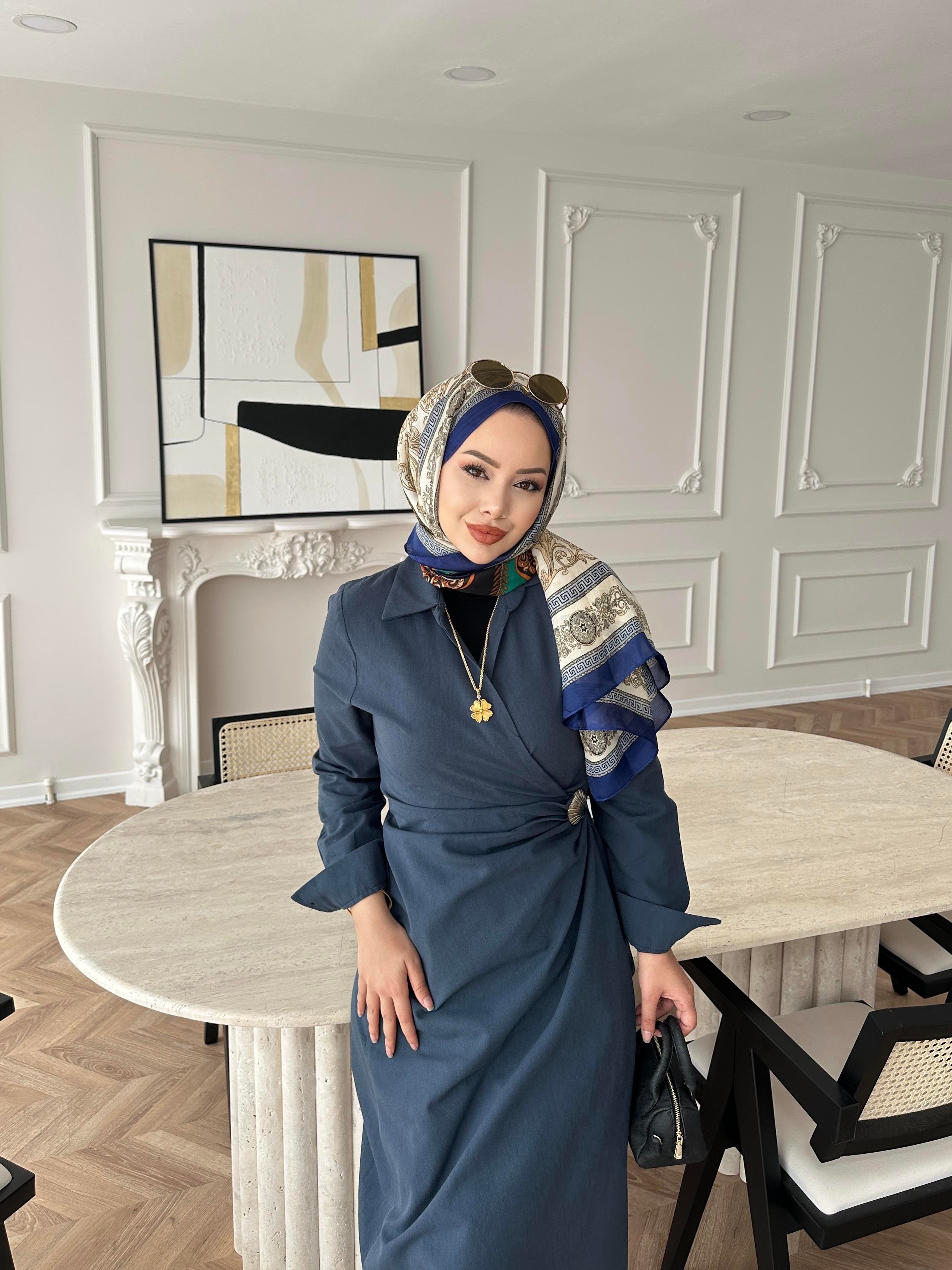 Kumsal Keten Elbise Lacivert