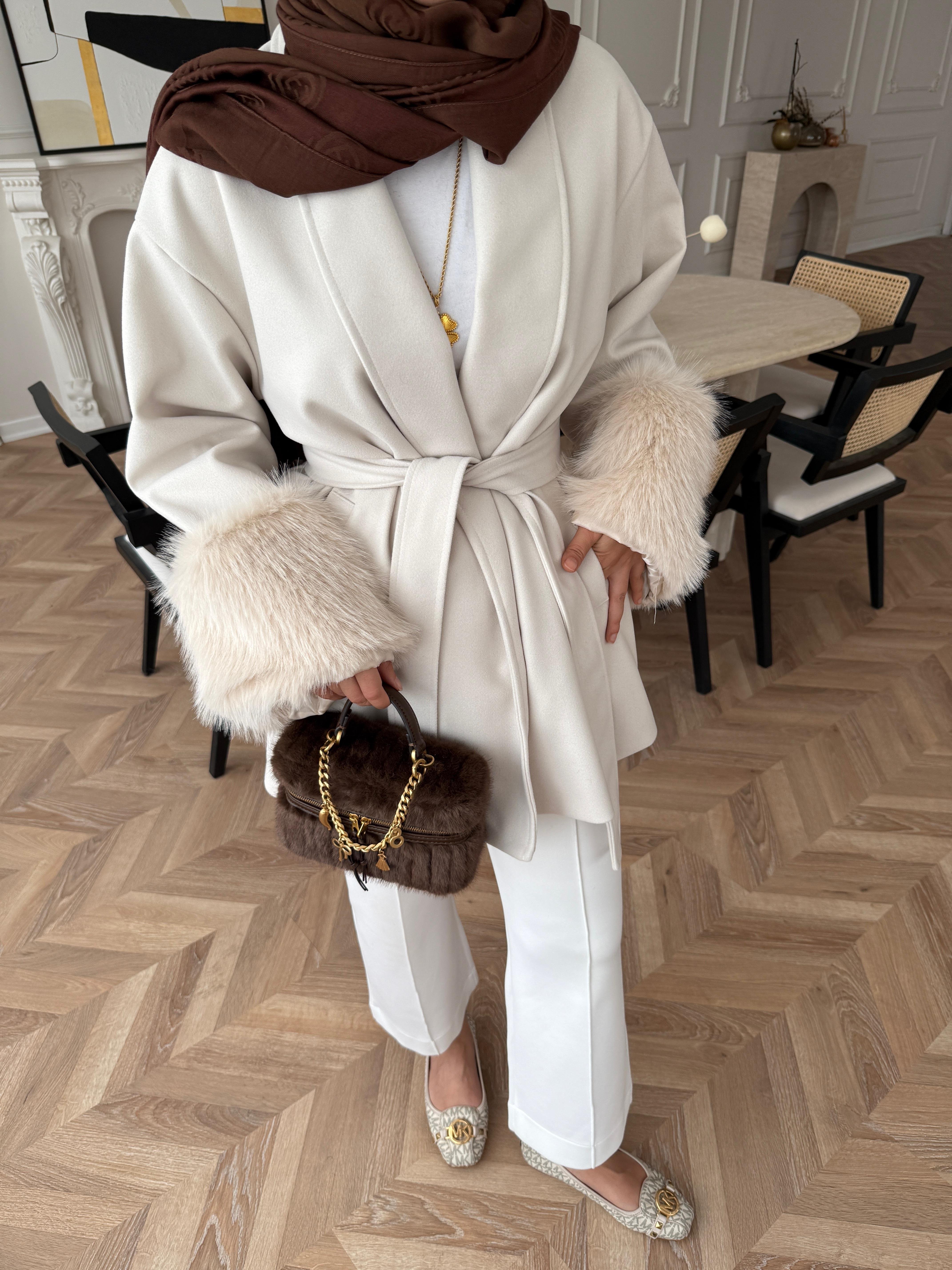 Kürk Kollu Kaşe Kaban Bej