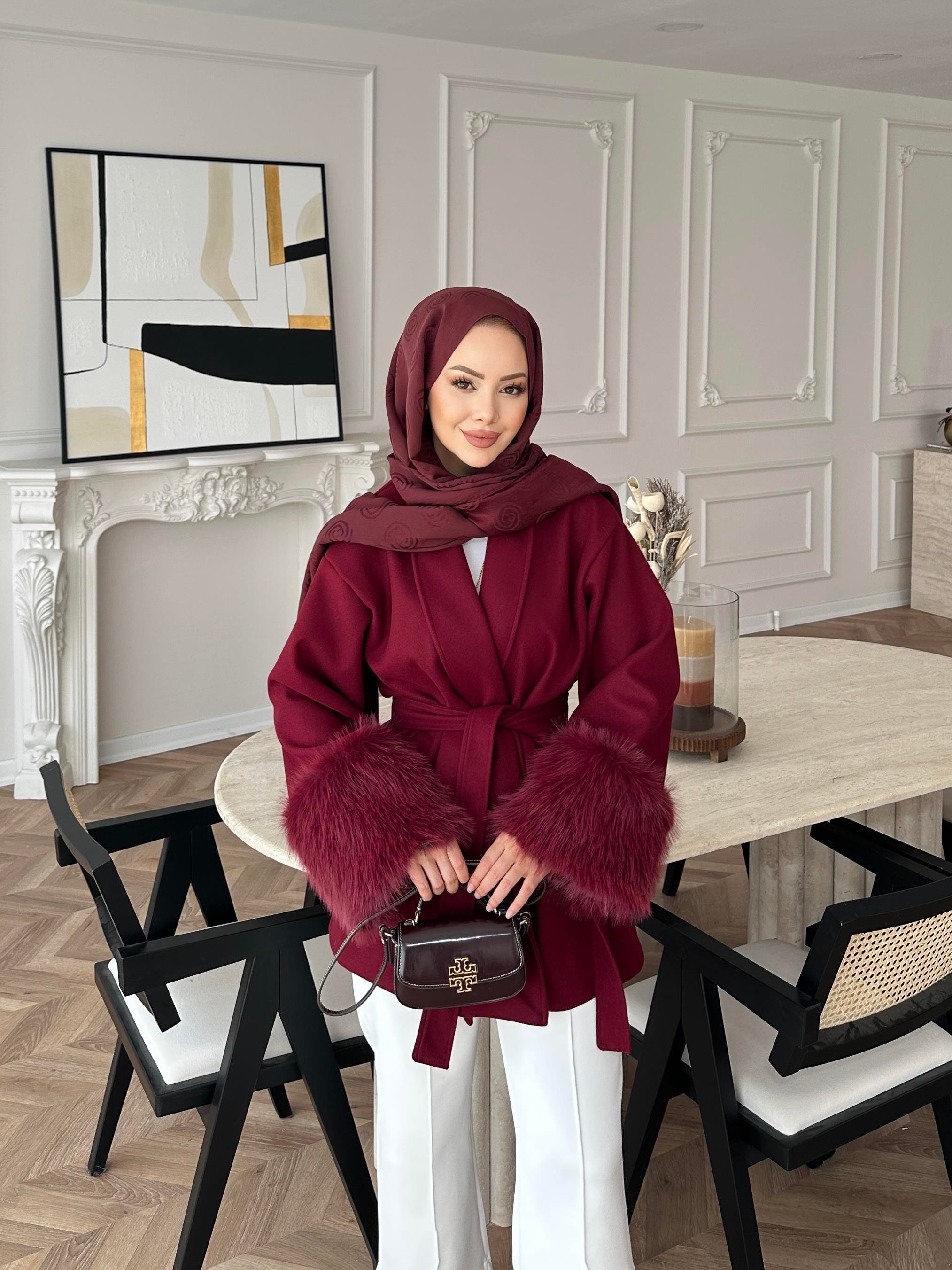 Kürk Kollu Kaşe Kaban Bordo