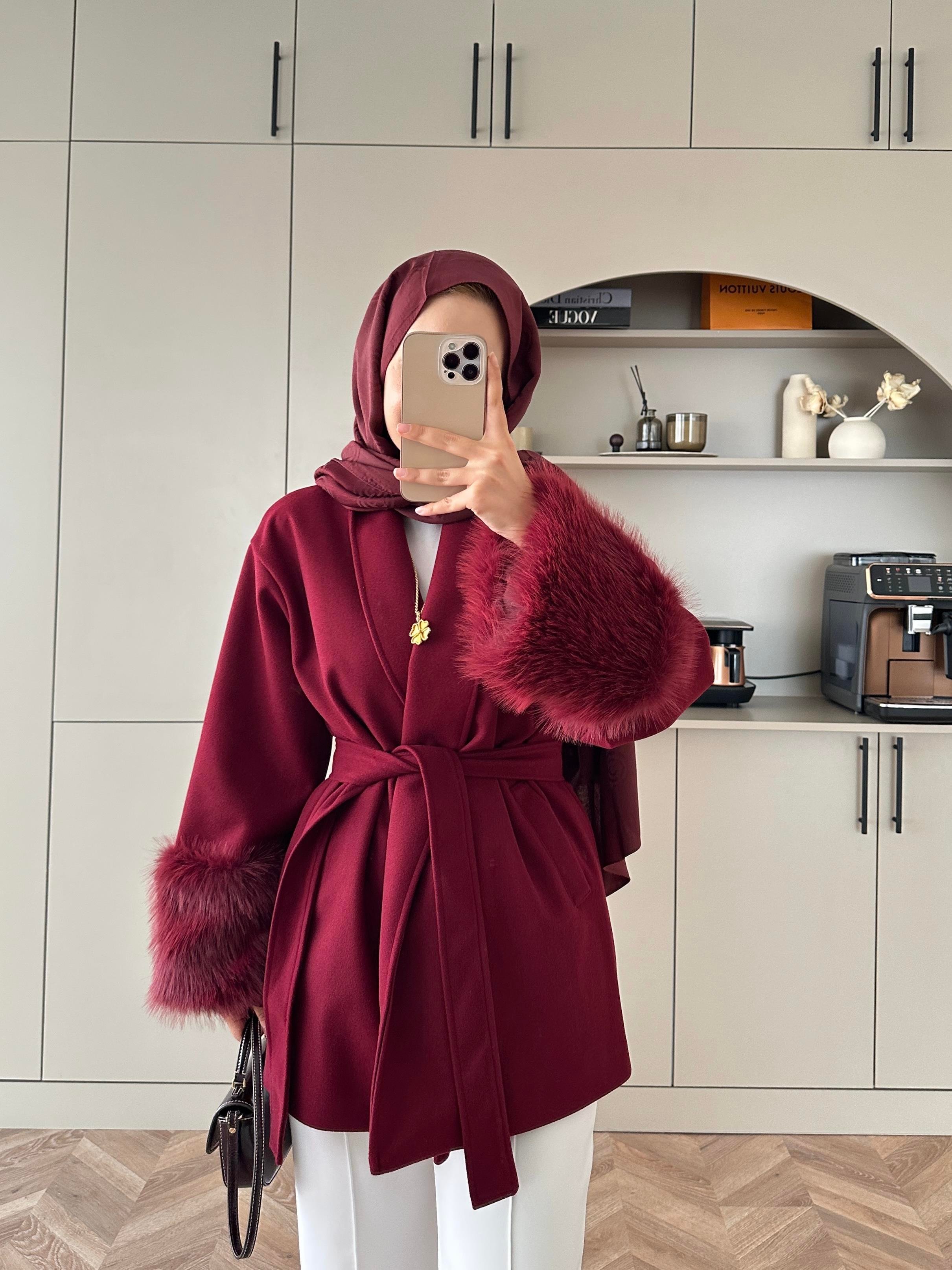 Kürk Kollu Kaşe Kaban Bordo