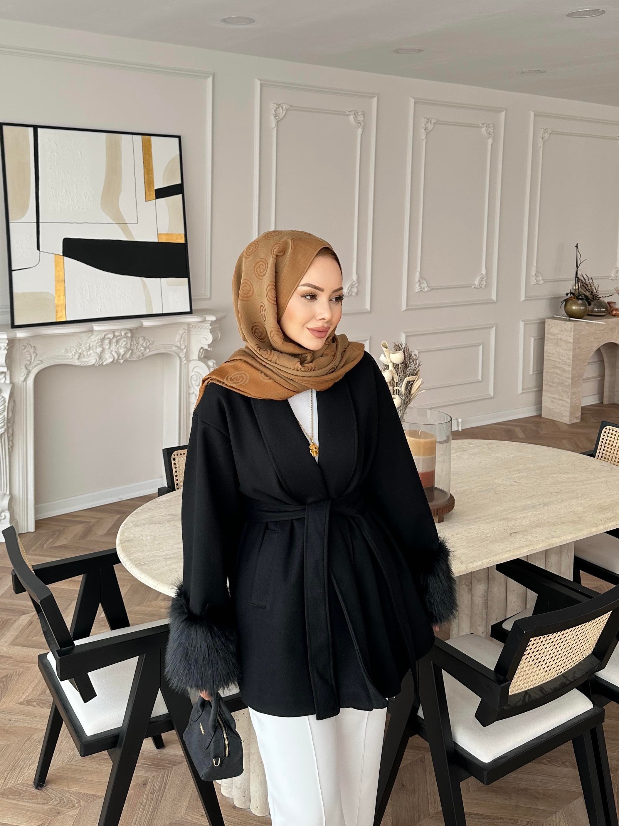 Kürk Kollu Kaşe Kaban Siyah